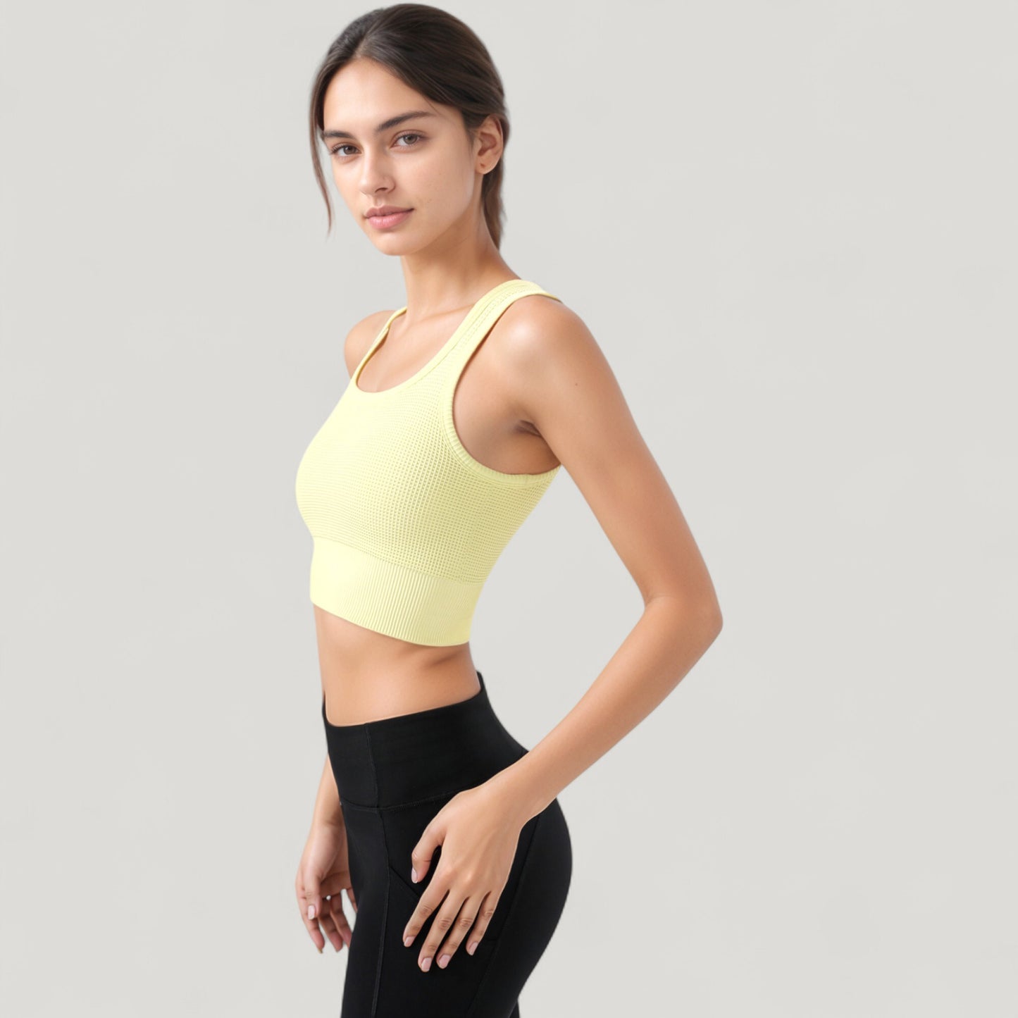 Ribbed Seamless Sports Bra with Scoop Neck and Wide Straps