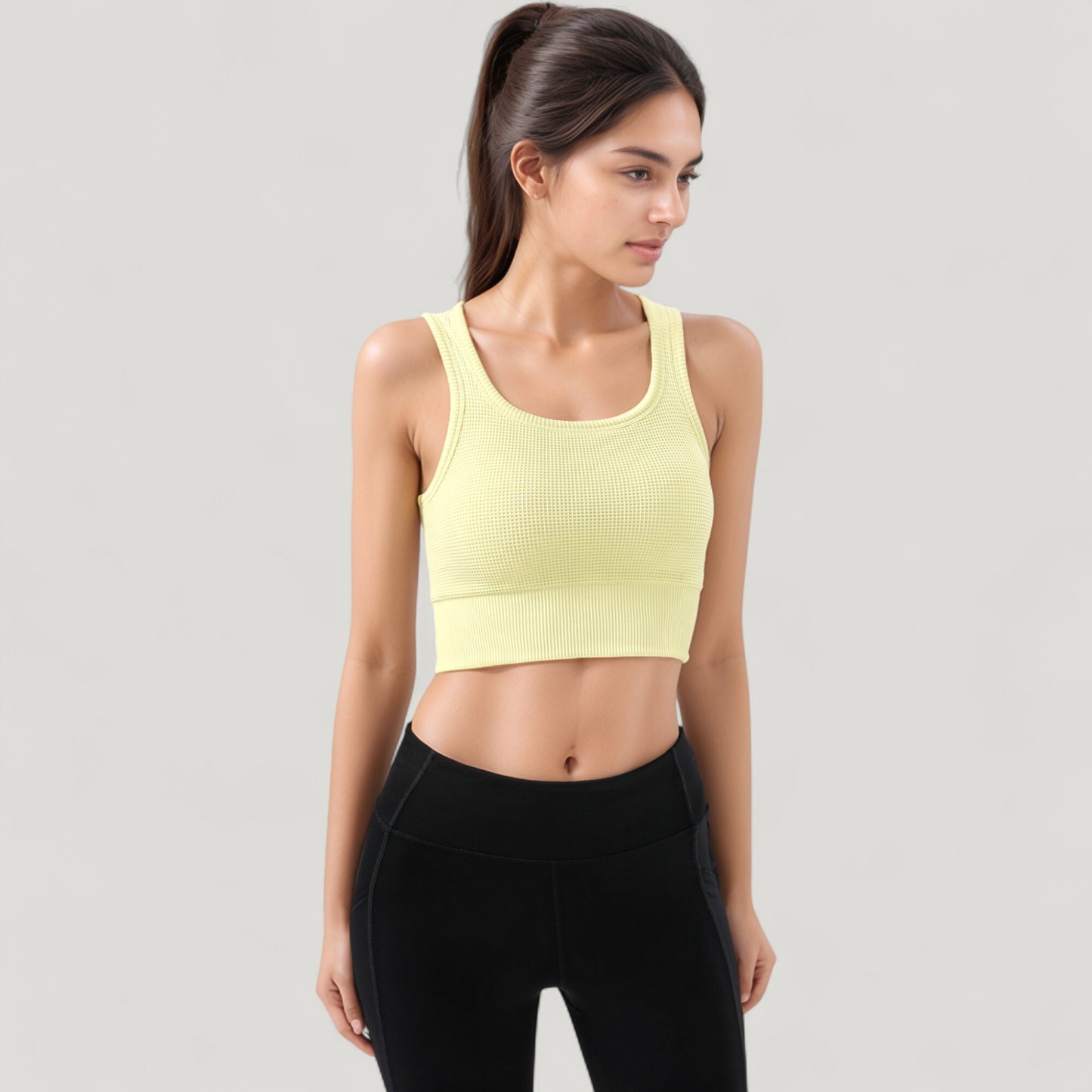 Ribbed Seamless Sports Bra with Scoop Neck and Wide Straps