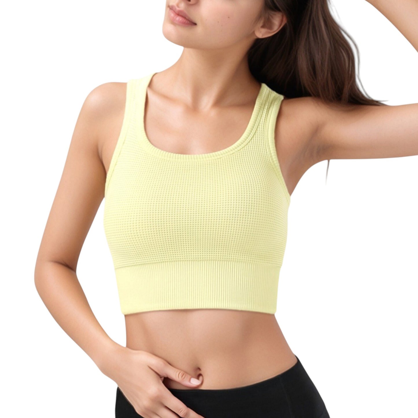 Ribbed Seamless Sports Bra with Scoop Neck and Wide Straps