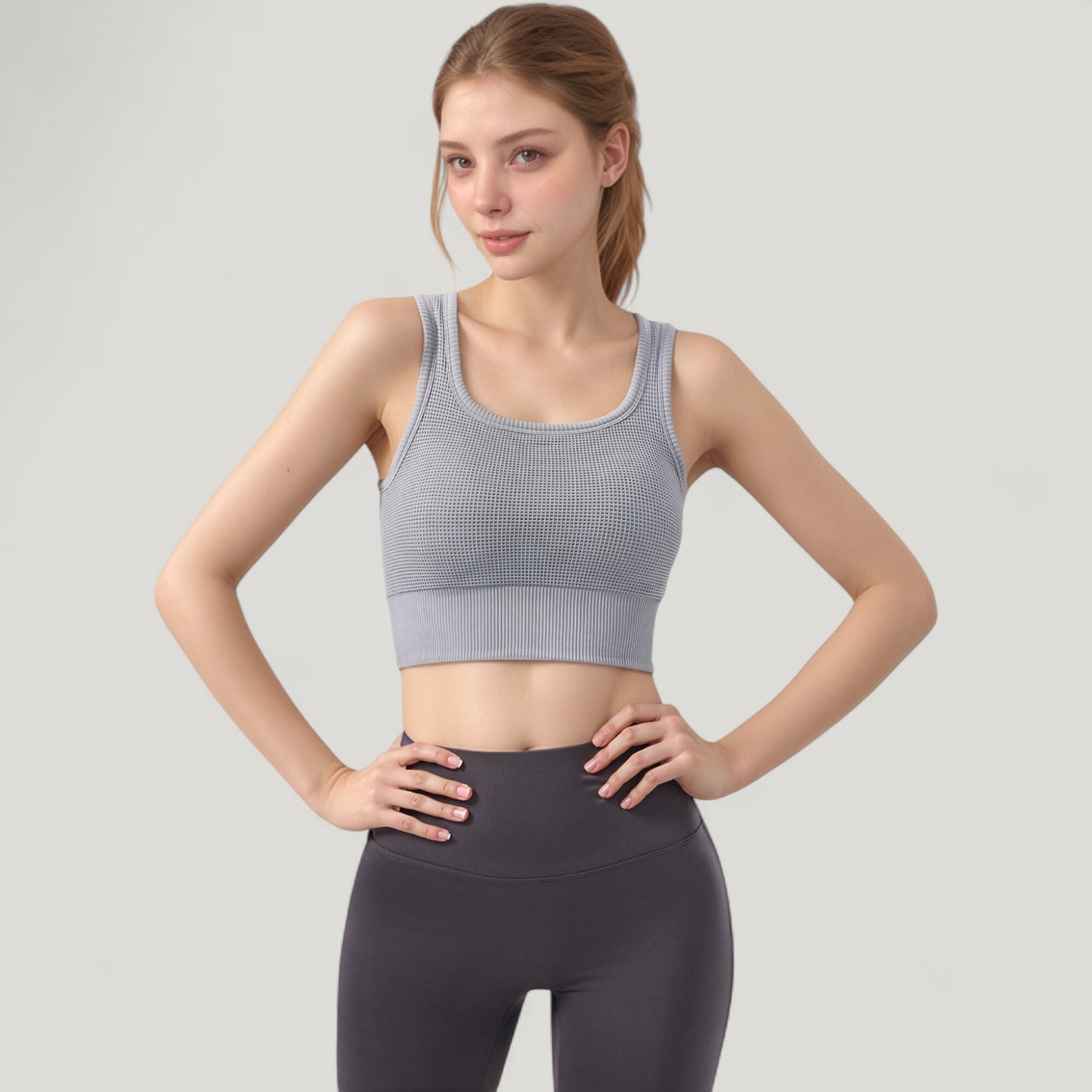 Ribbed Seamless Sports Bra with Scoop Neck and Wide Straps