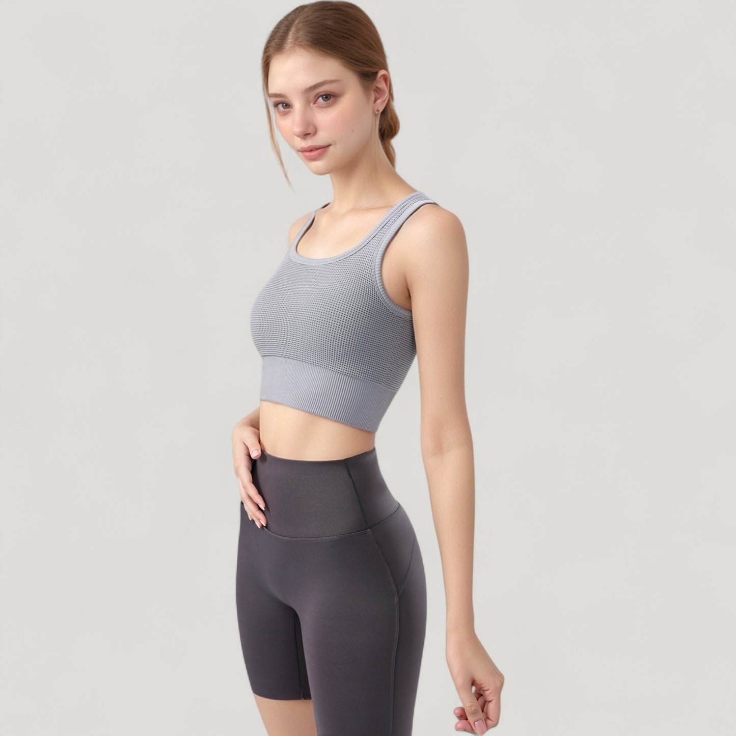 Ribbed Seamless Sports Bra with Scoop Neck and Wide Straps
