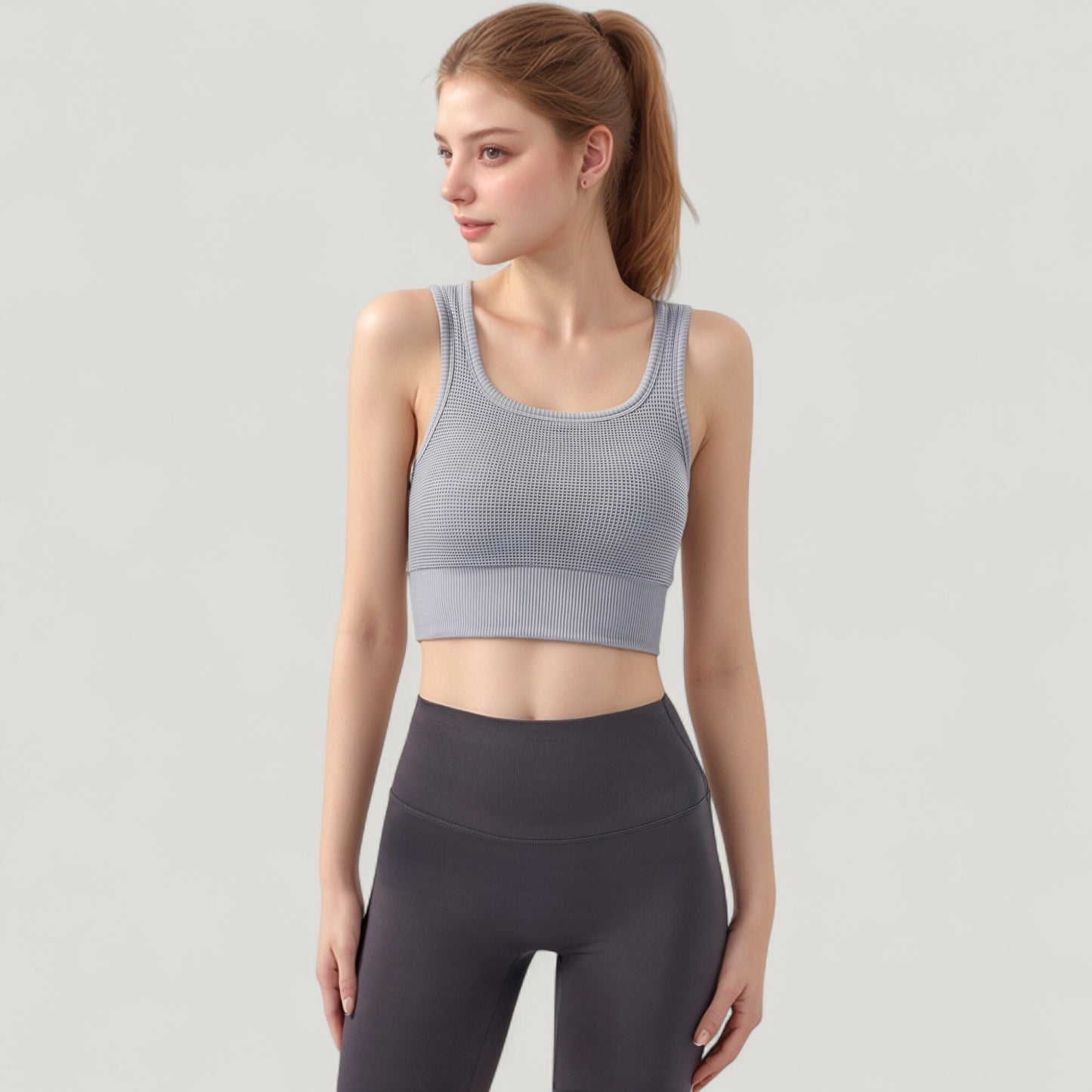 Ribbed Seamless Sports Bra with Scoop Neck and Wide Straps