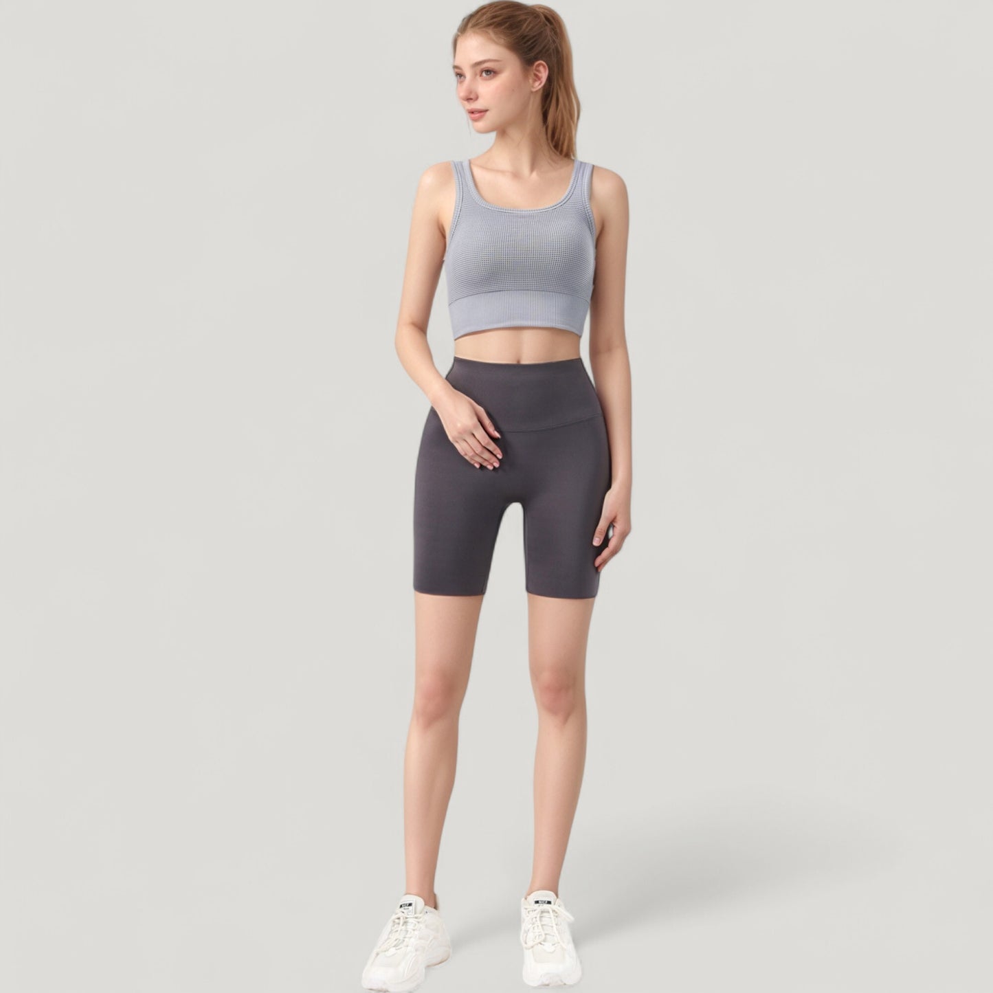 Ribbed Seamless Sports Bra with Scoop Neck and Wide Straps