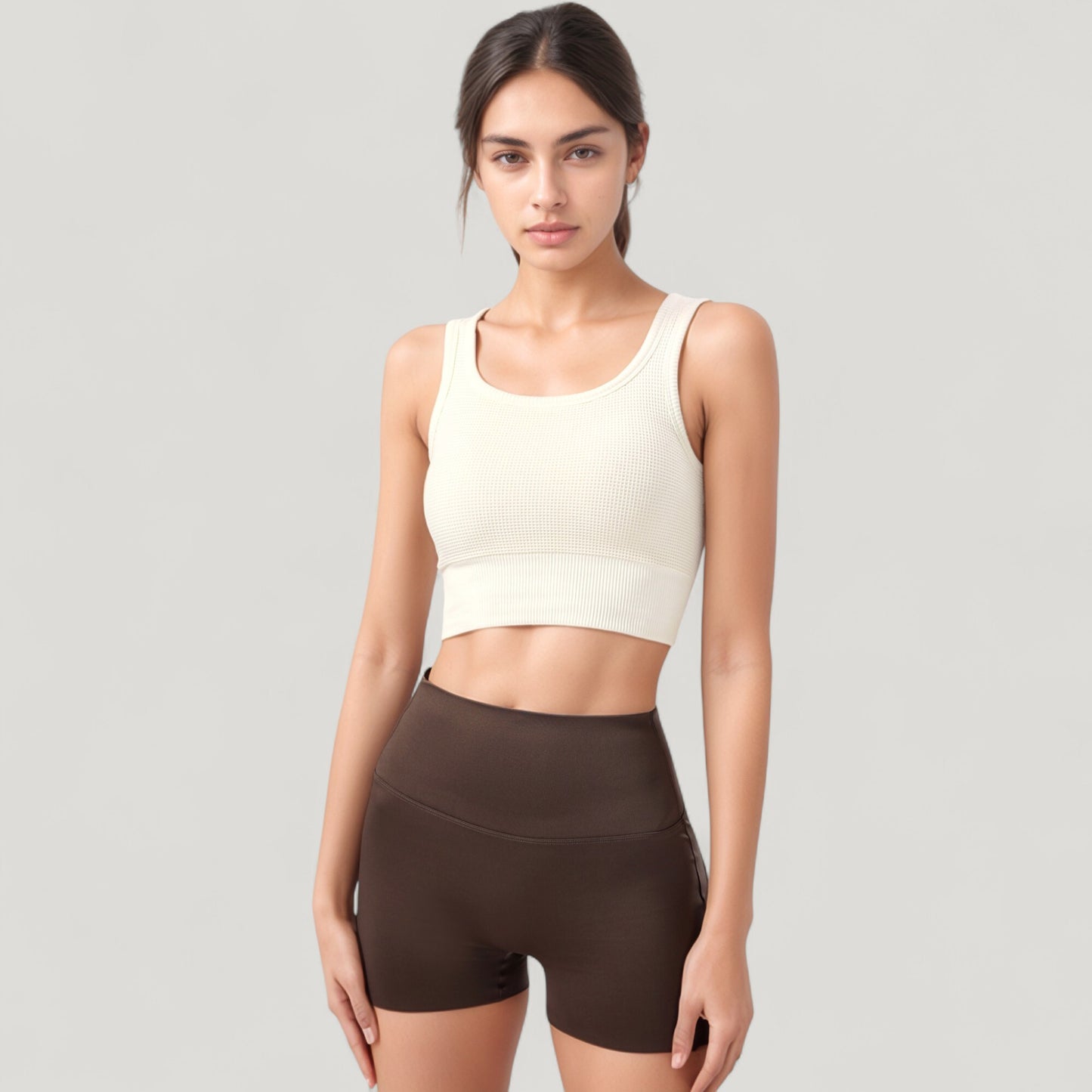 Ribbed Seamless Sports Bra with Scoop Neck and Wide Straps