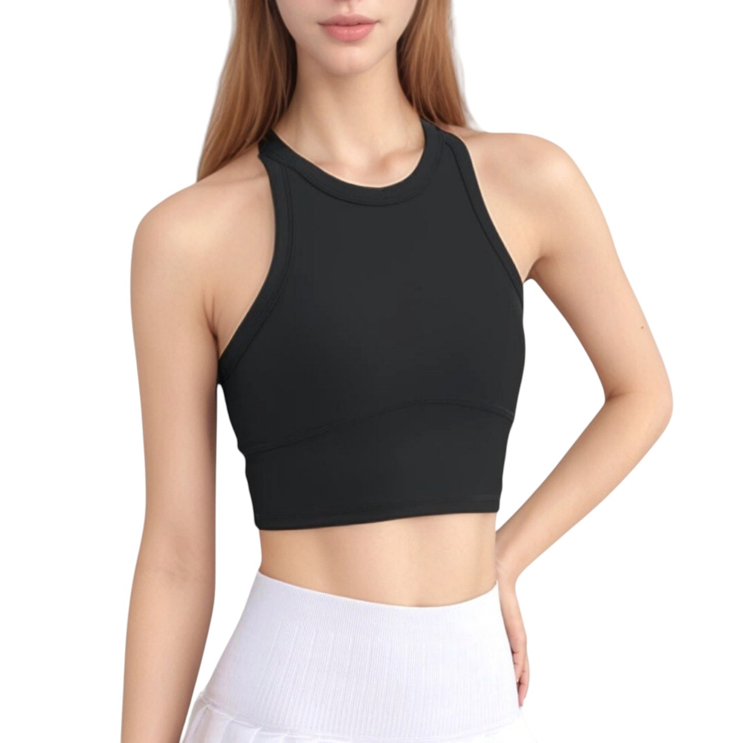 High Neck Racerback Athletic Top with Contoured Seam Details
