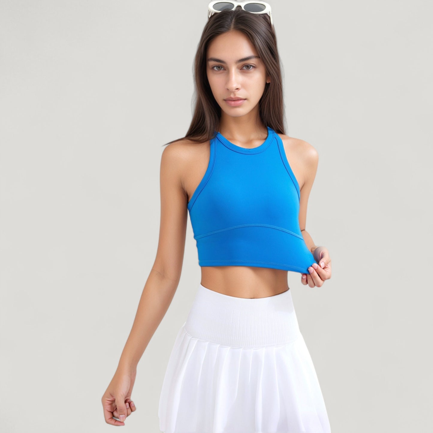 High Neck Racerback Athletic Top with Contoured Seam Details