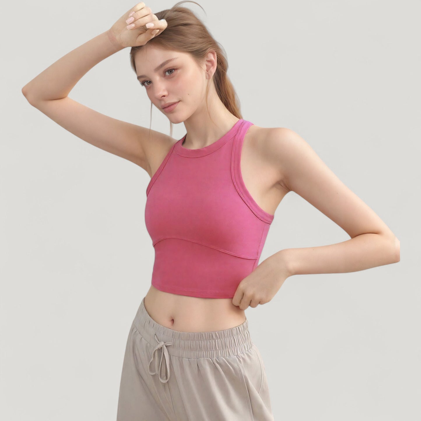 High Neck Racerback Athletic Top with Contoured Seam Details