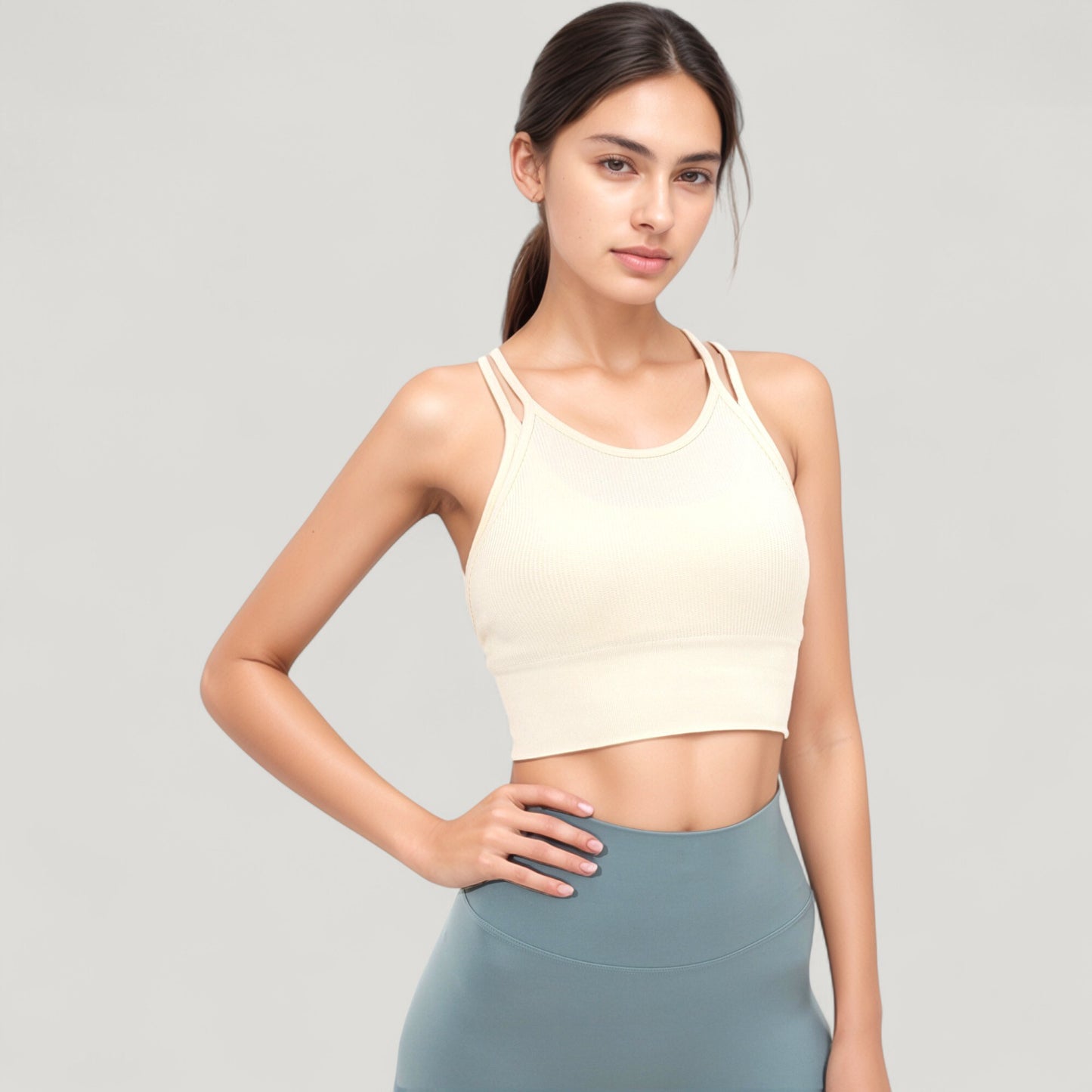 Double Strap Crew Neck Ribbed Crop Top with Fitted Hem