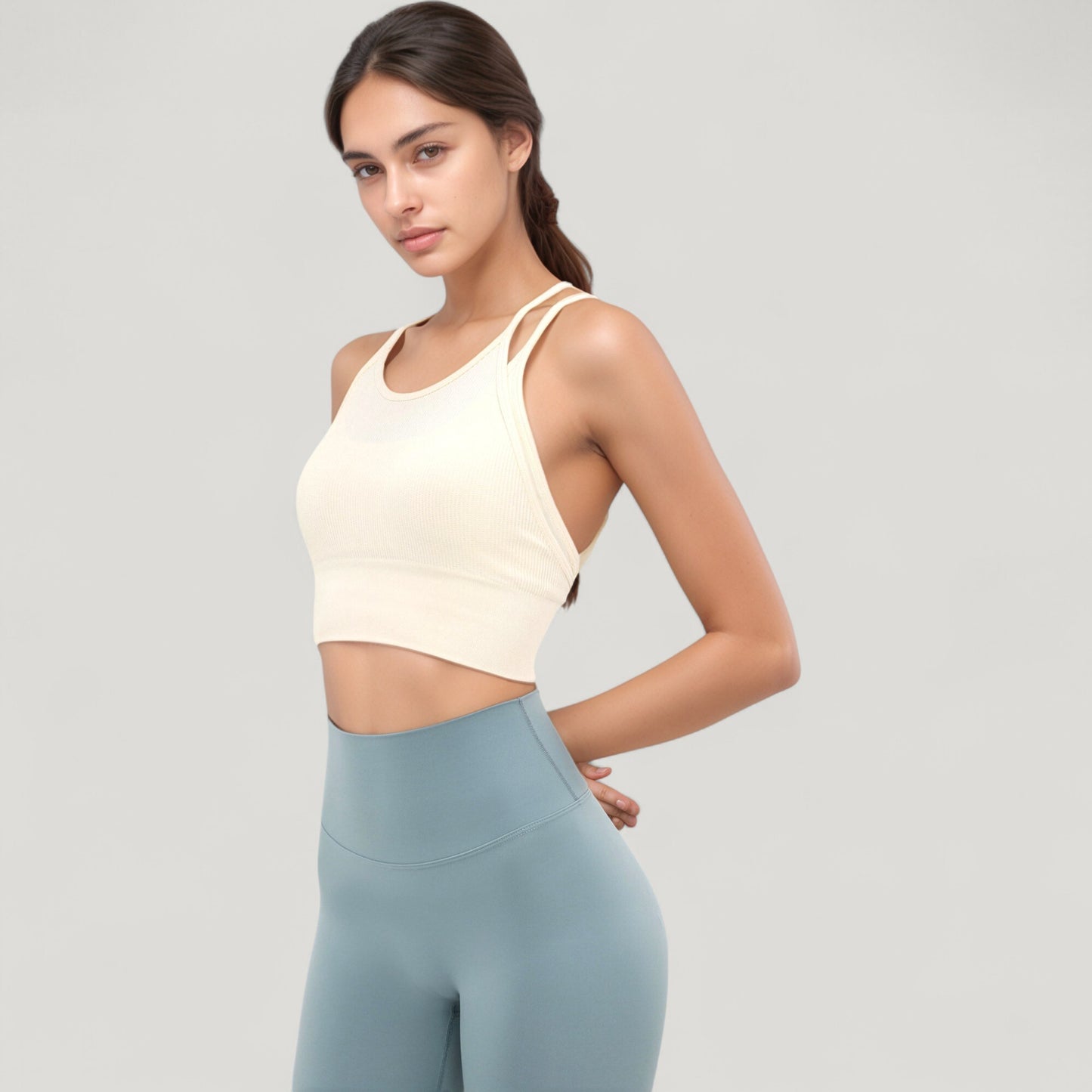 Double Strap Crew Neck Ribbed Crop Top with Fitted Hem