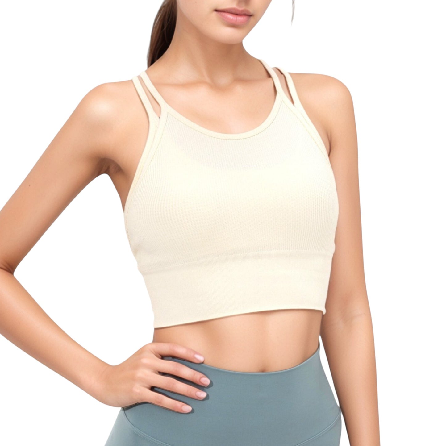 Double Strap Crew Neck Ribbed Crop Top with Fitted Hem