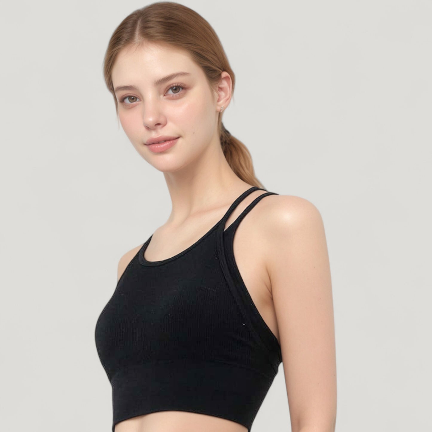Double Strap Crew Neck Ribbed Crop Top with Fitted Hem