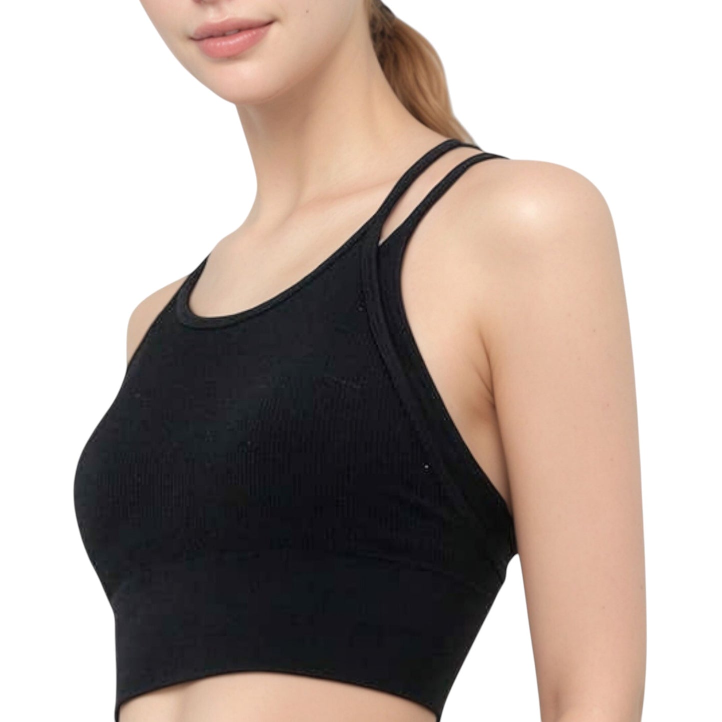 Double Strap Crew Neck Ribbed Crop Top with Fitted Hem