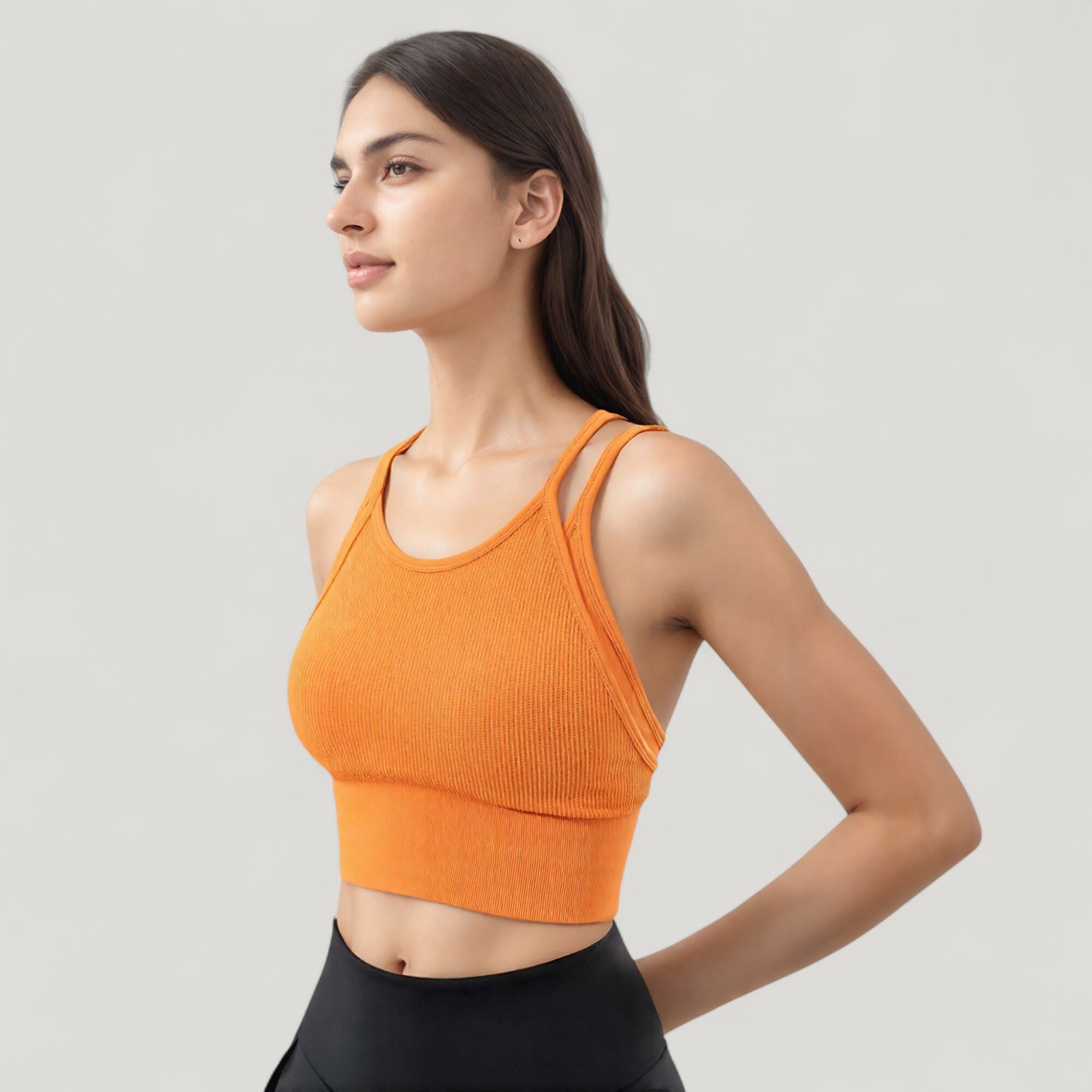 Double Strap Crew Neck Ribbed Crop Top with Fitted Hem