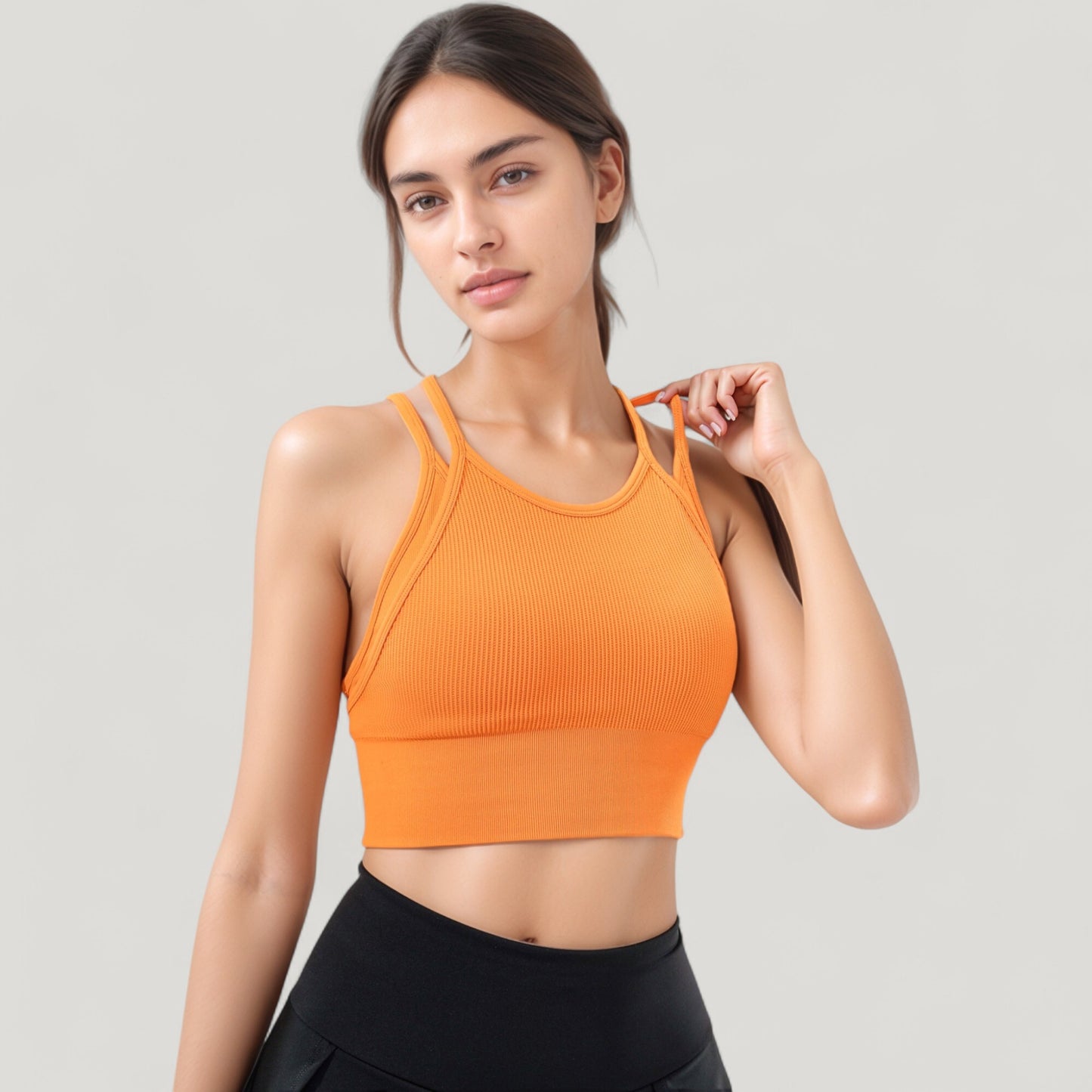 Double Strap Crew Neck Ribbed Crop Top with Fitted Hem