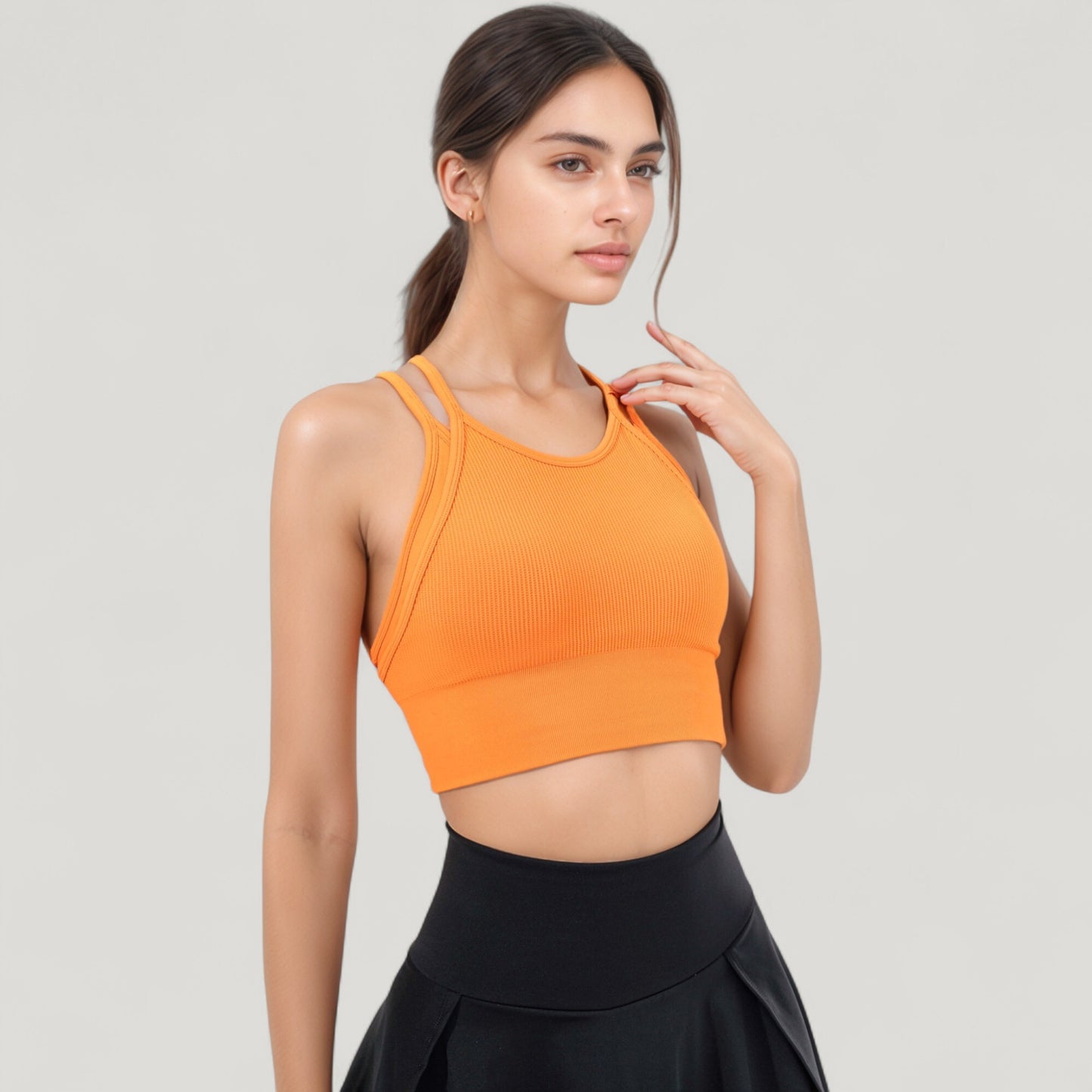 Double Strap Crew Neck Ribbed Crop Top with Fitted Hem