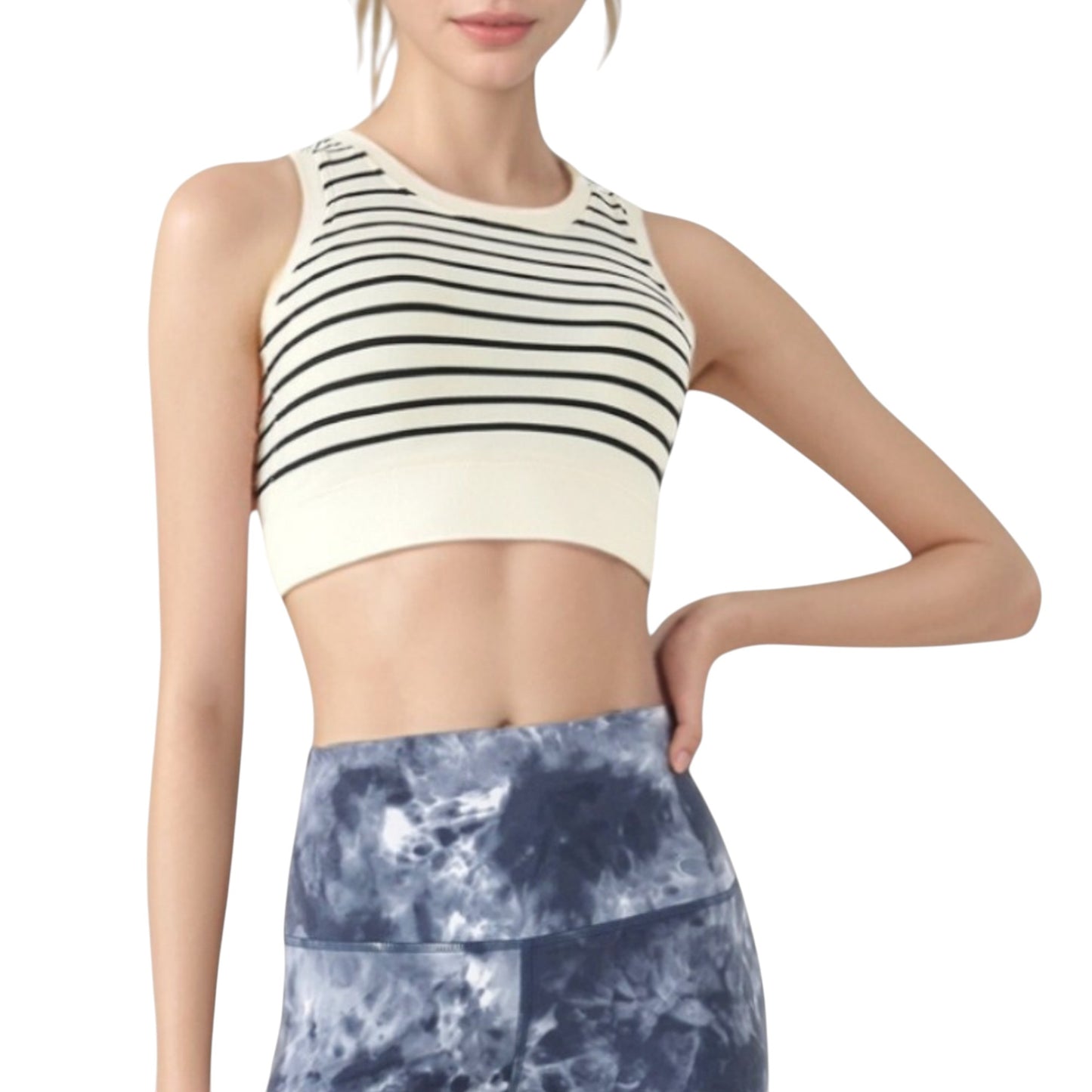 Striped Sleeveless Crop Top with Fitted Hem and Round Neckline