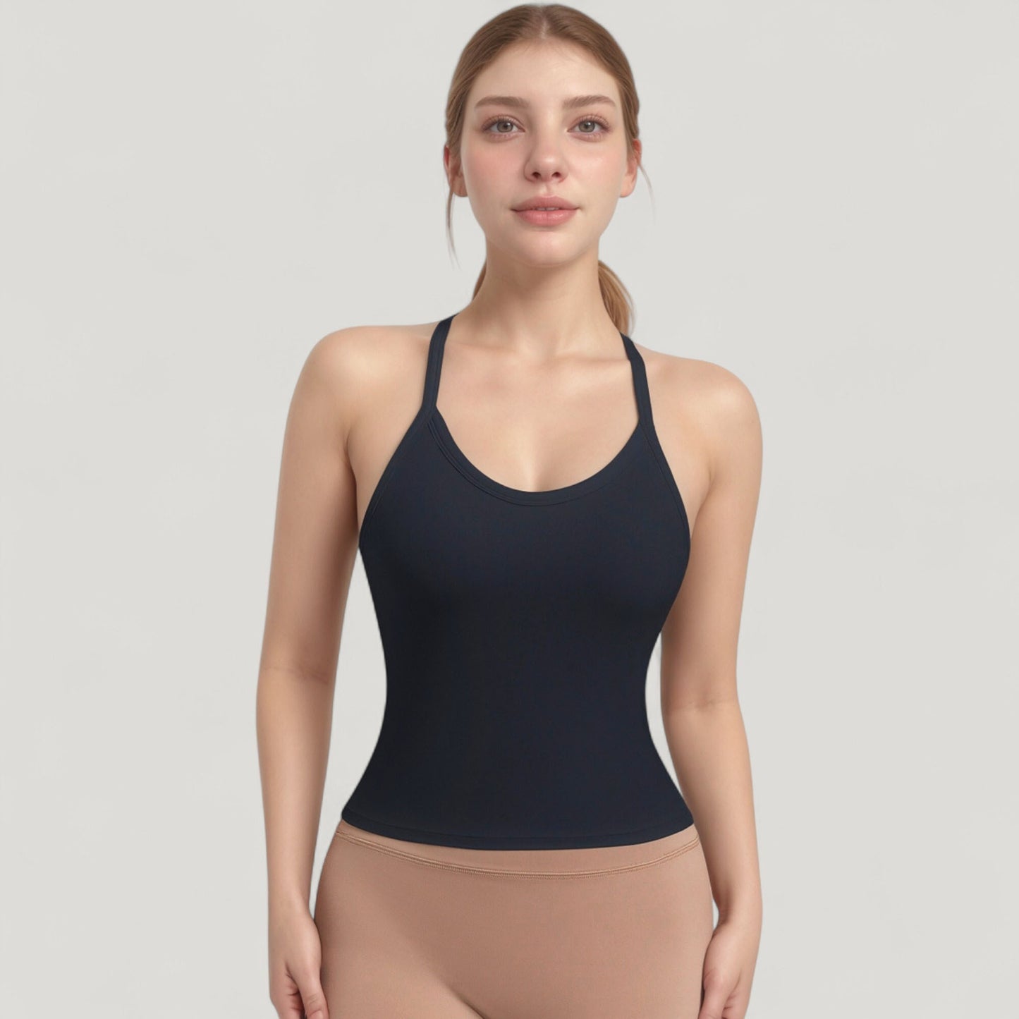 Strappy Crisscross Back Athletic Tank Top with Built-In Shelf Bra