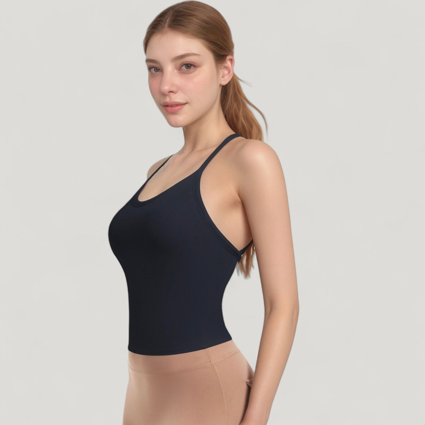 Strappy Crisscross Back Athletic Tank Top with Built-In Shelf Bra