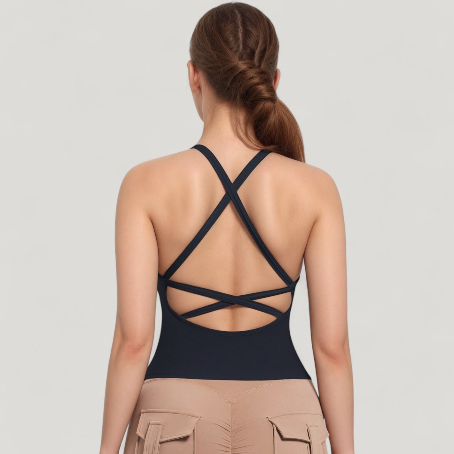 Strappy Crisscross Back Athletic Tank Top with Built-In Shelf Bra