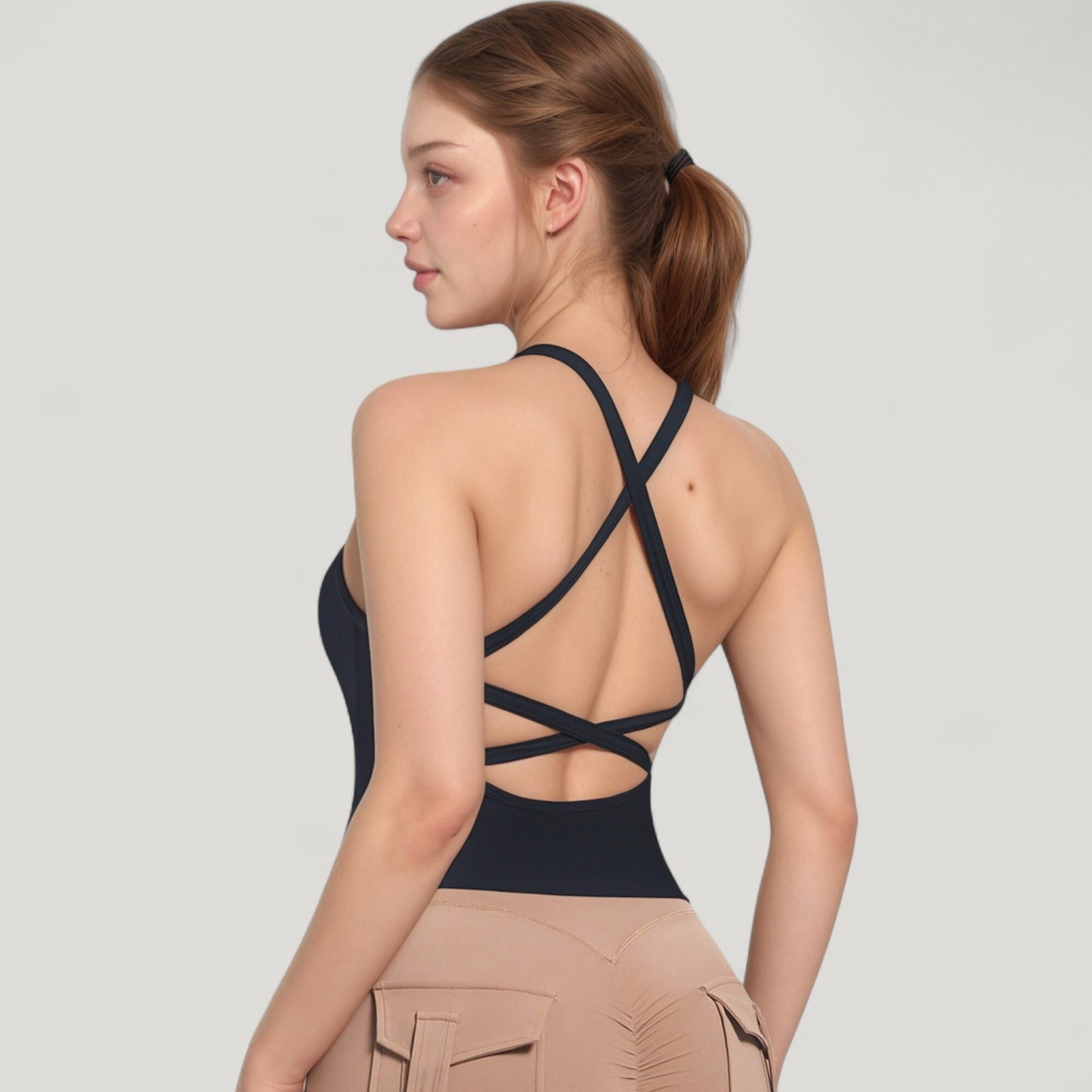 Strappy Crisscross Back Athletic Tank Top with Built-In Shelf Bra
