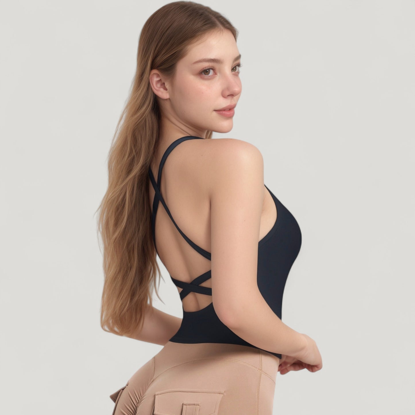 Strappy Crisscross Back Athletic Tank Top with Built-In Shelf Bra