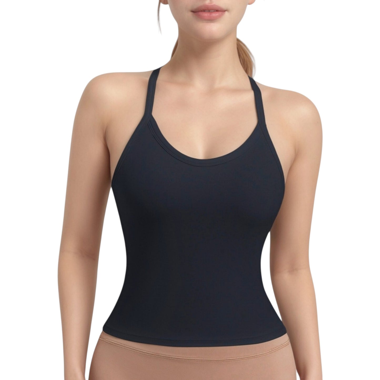 Strappy Crisscross Back Athletic Tank Top with Built-In Shelf Bra