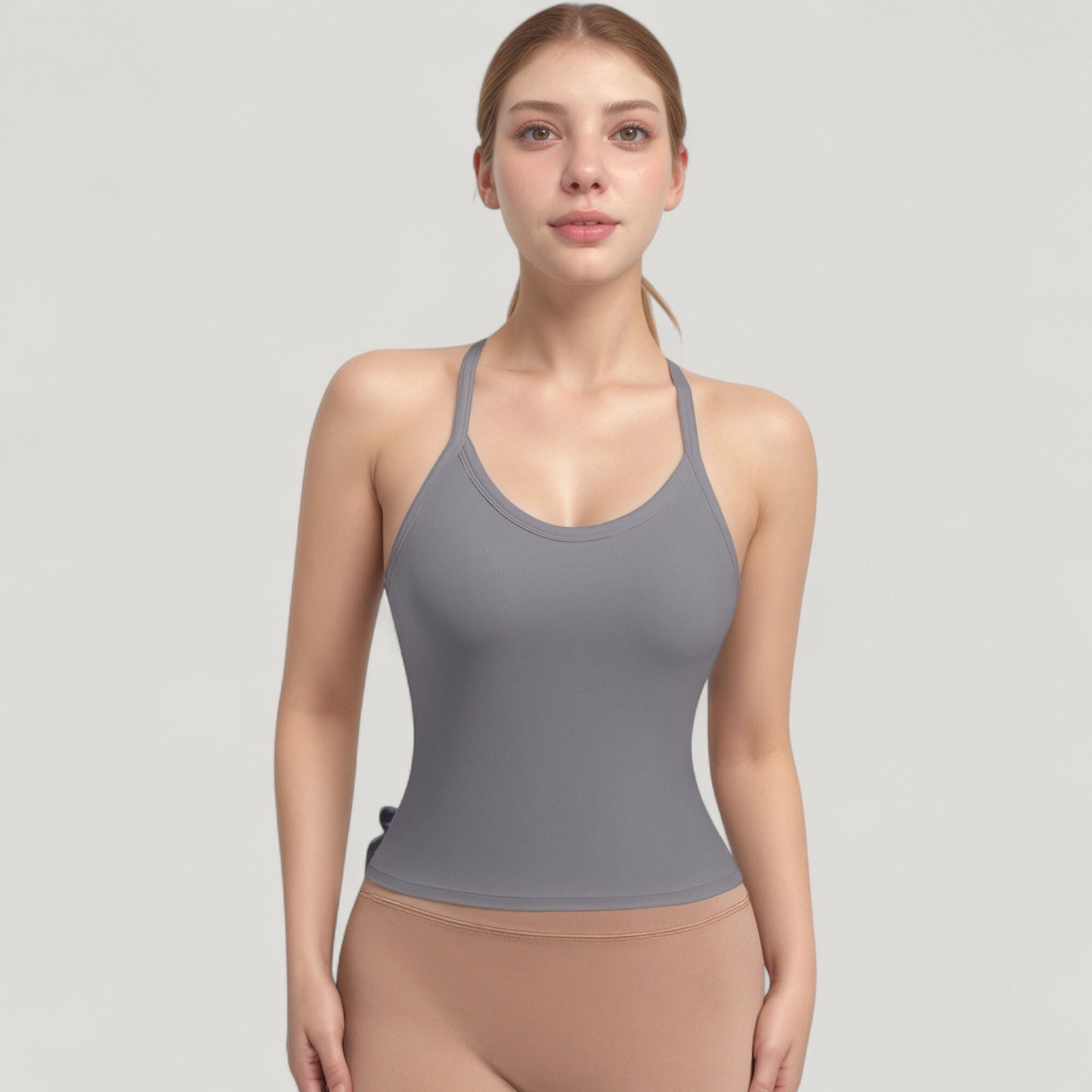 Strappy Crisscross Back Athletic Tank Top with Built-In Shelf Bra
