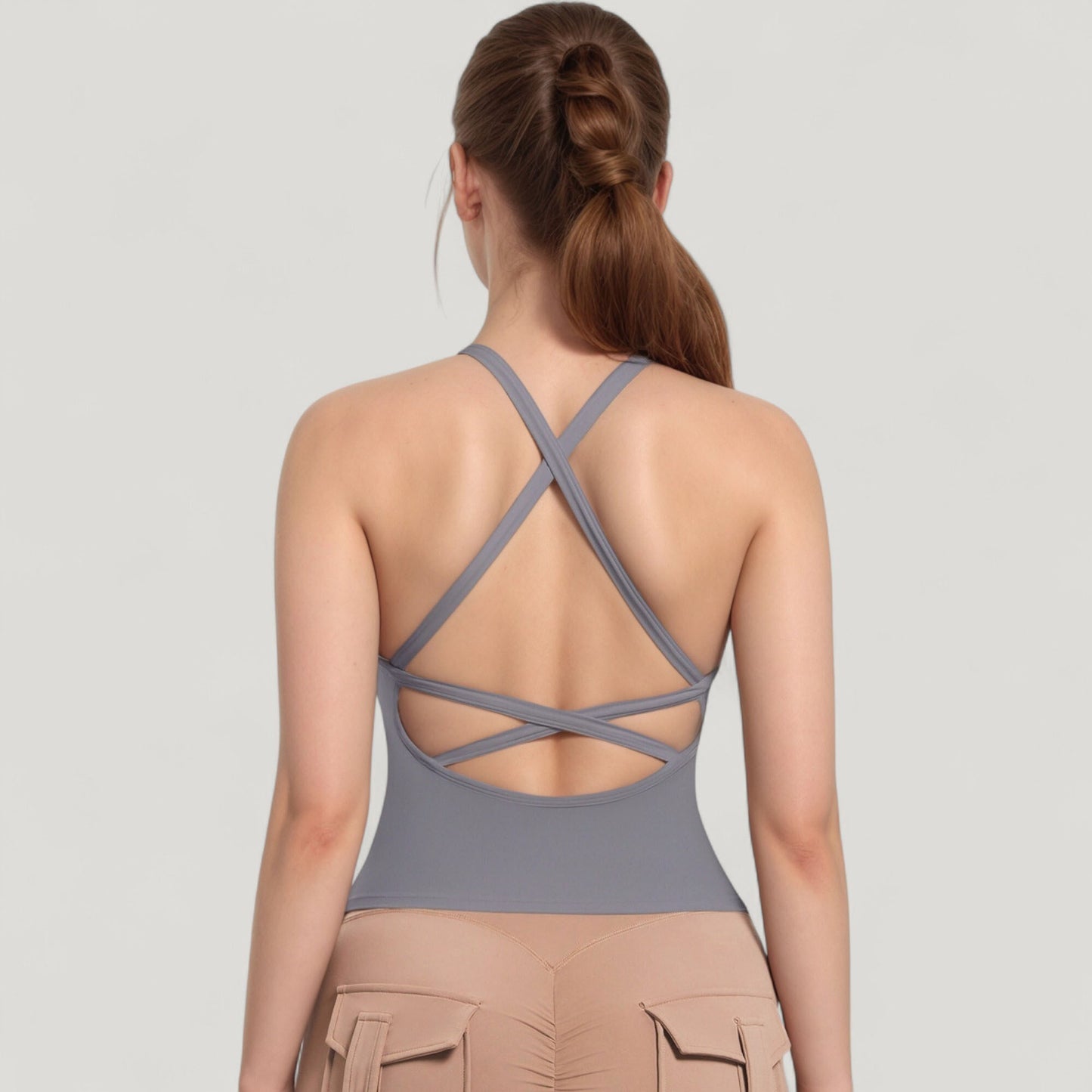 Strappy Crisscross Back Athletic Tank Top with Built-In Shelf Bra