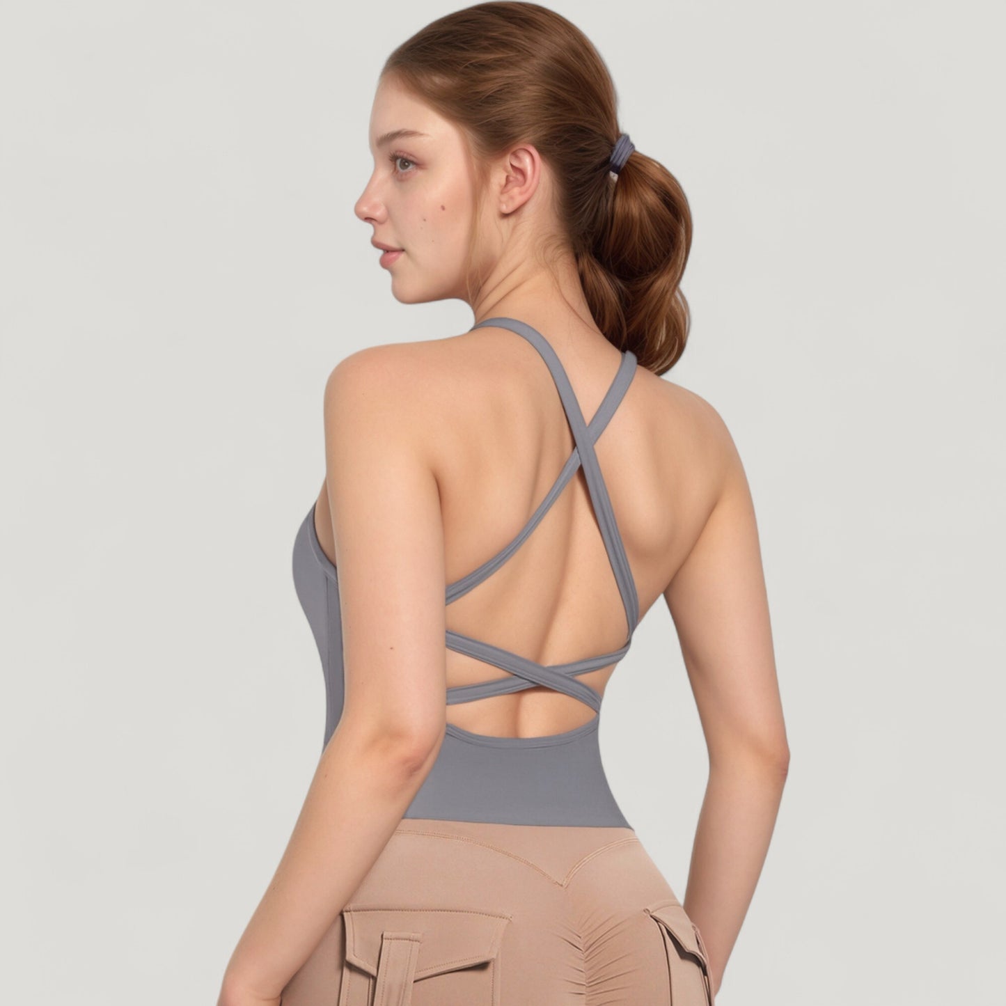 Strappy Crisscross Back Athletic Tank Top with Built-In Shelf Bra
