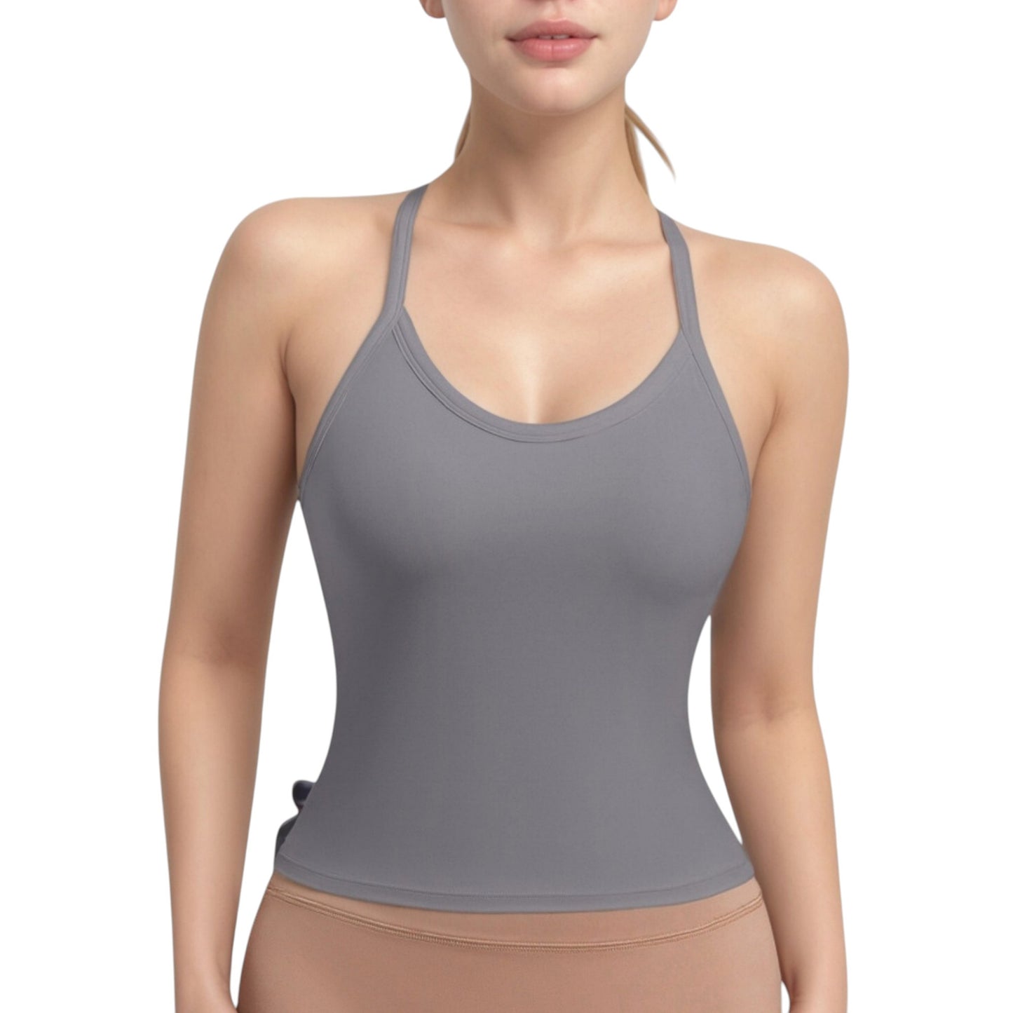 Strappy Crisscross Back Athletic Tank Top with Built-In Shelf Bra
