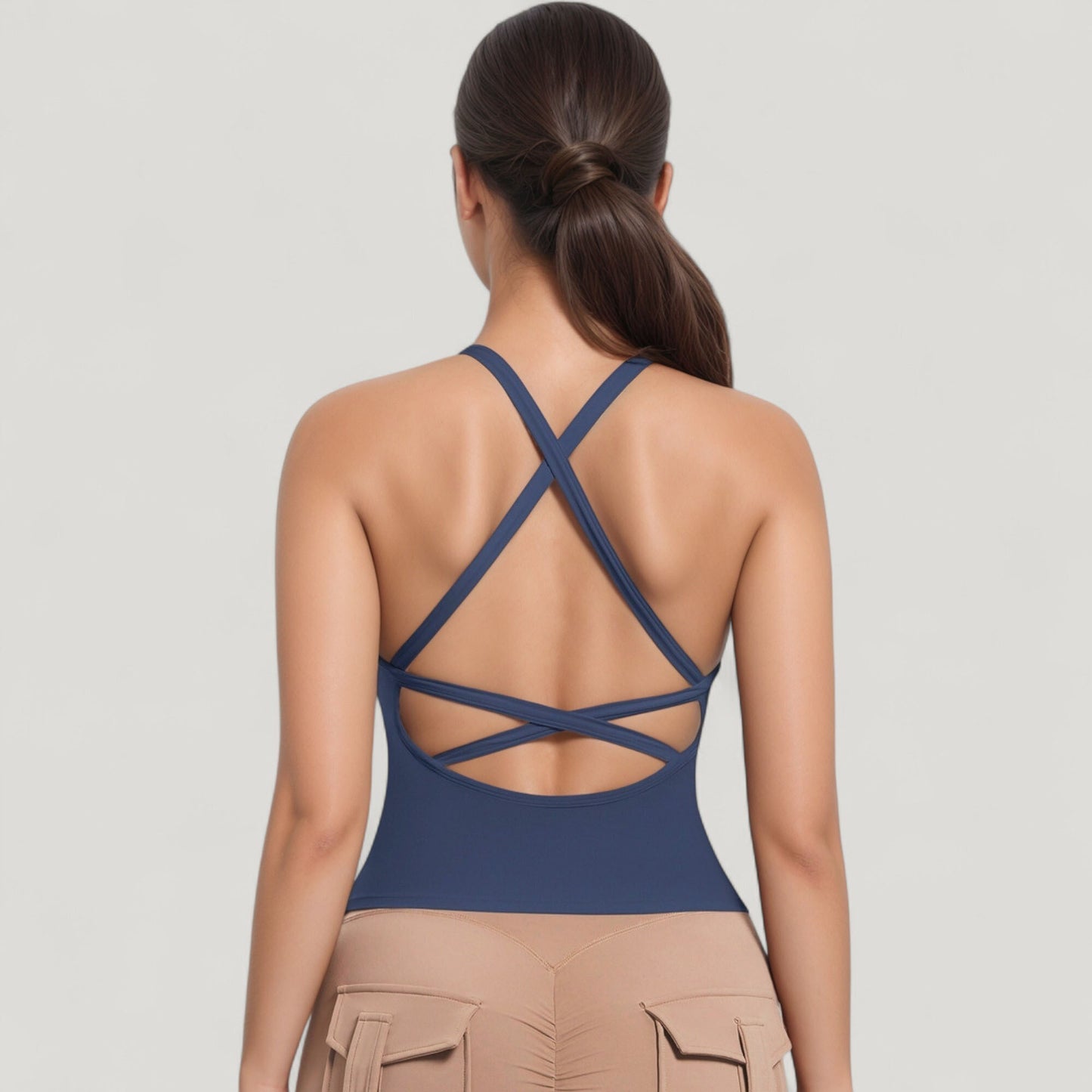 Strappy Crisscross Back Athletic Tank Top with Built-In Shelf Bra
