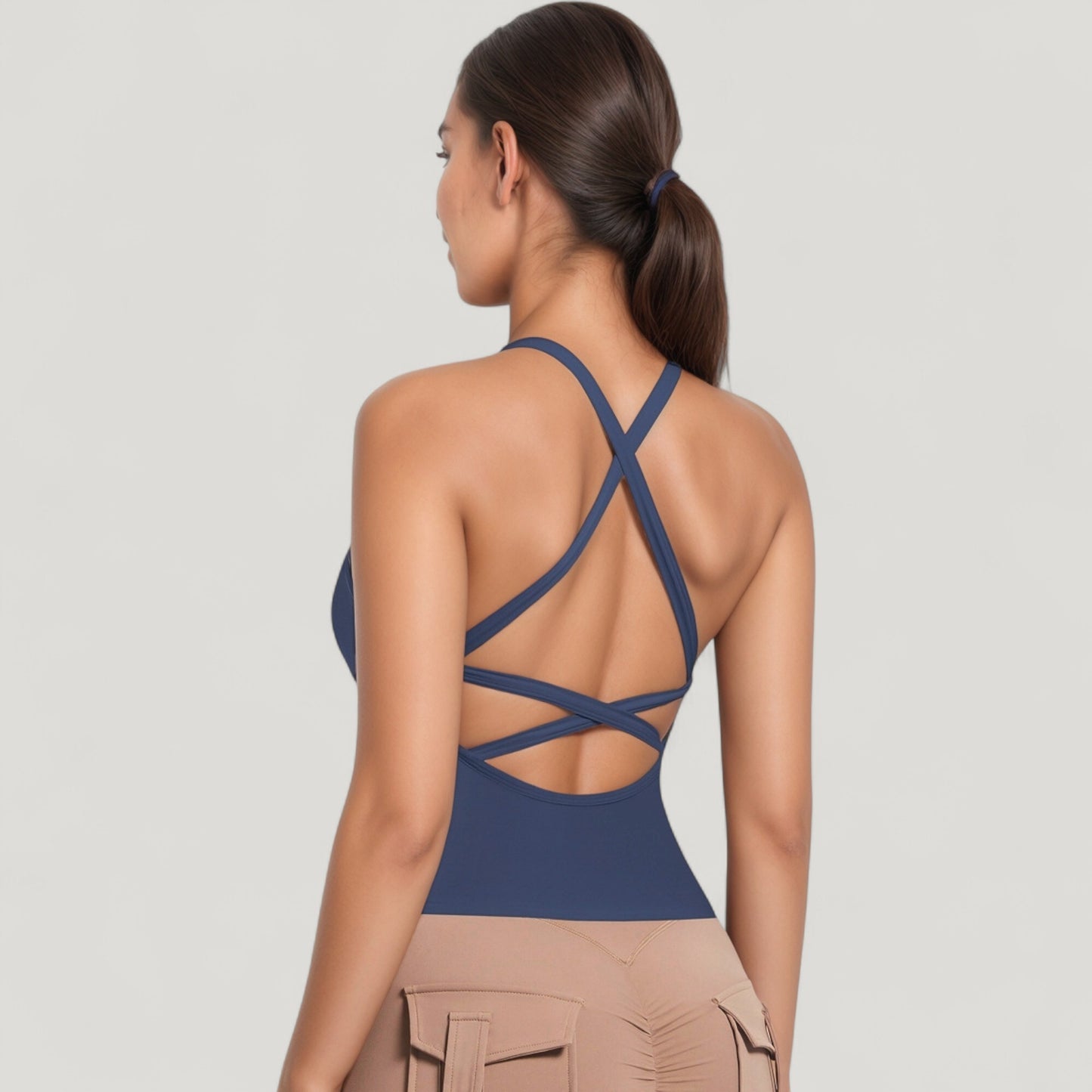 Strappy Crisscross Back Athletic Tank Top with Built-In Shelf Bra
