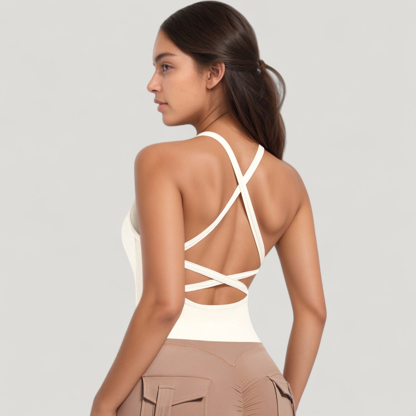 Strappy Crisscross Back Athletic Tank Top with Built-In Shelf Bra
