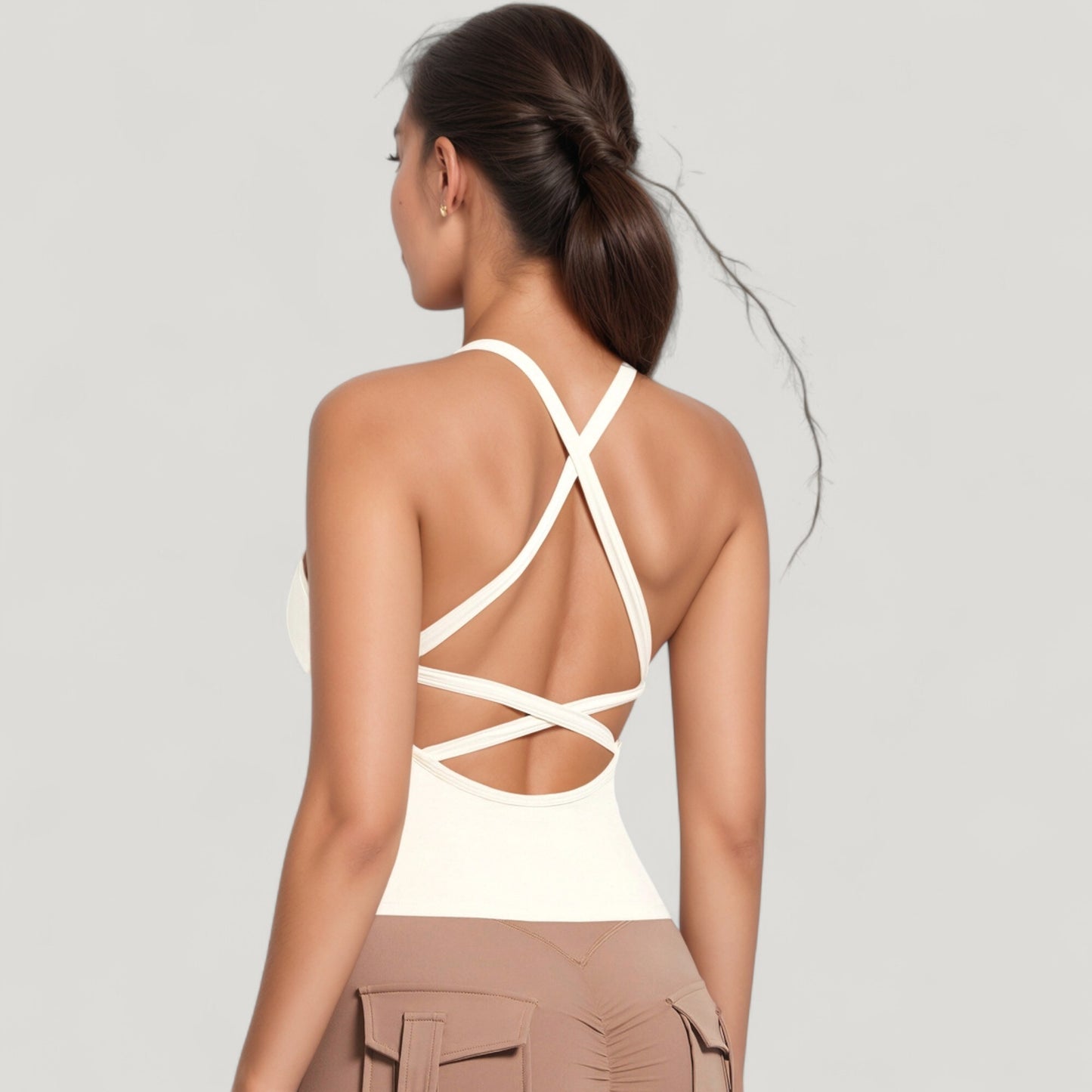Strappy Crisscross Back Athletic Tank Top with Built-In Shelf Bra