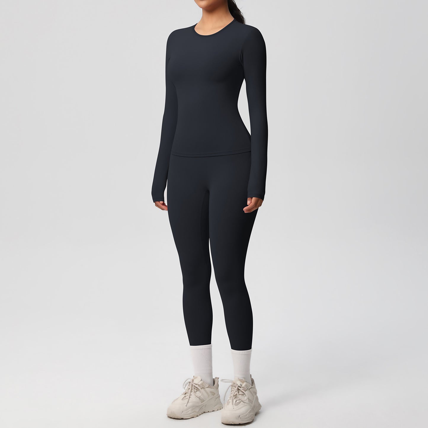 Long Sleeve Crew Neck Top and High Waist Leggings Set with Slim Fit Design