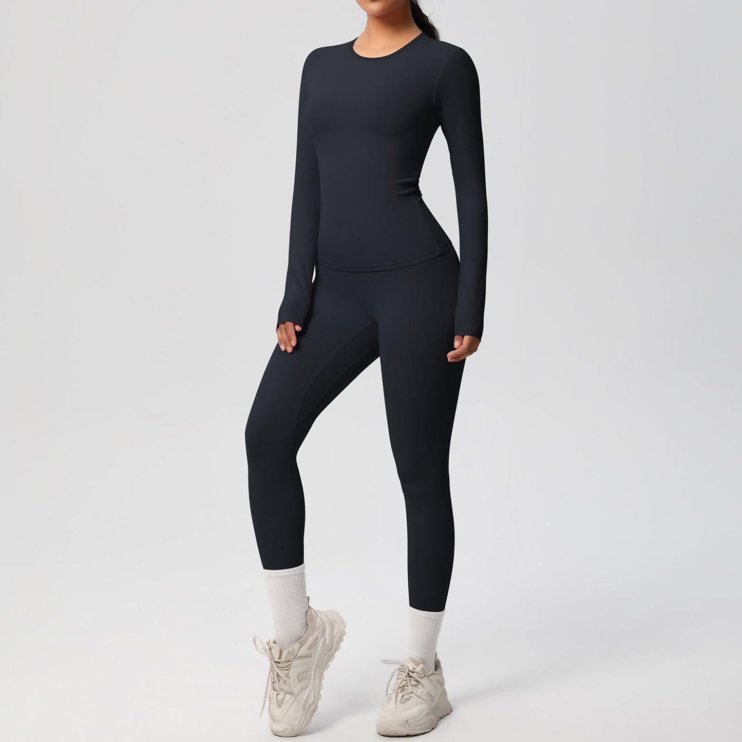 Long Sleeve Crew Neck Top and High Waist Leggings Set with Slim Fit Design