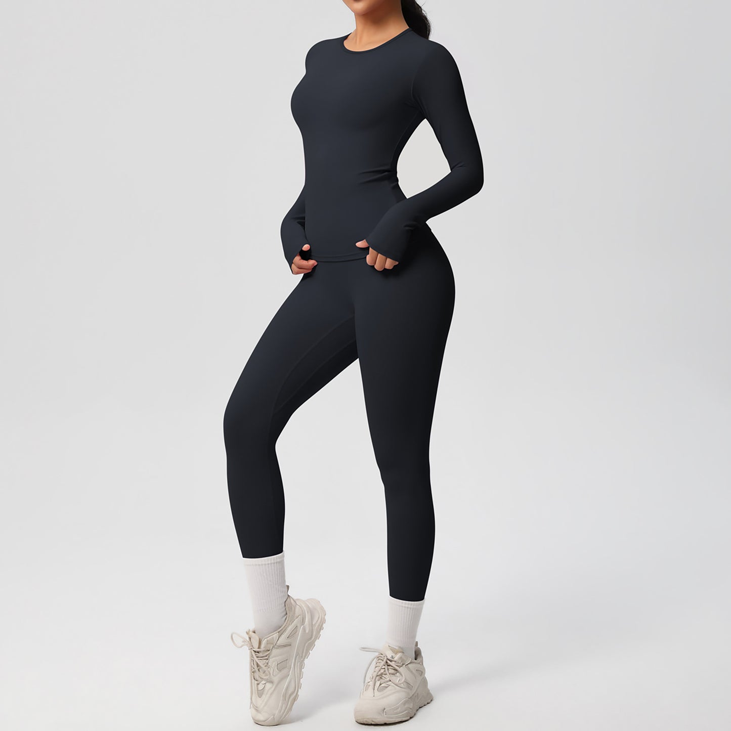 Long Sleeve Crew Neck Top and High Waist Leggings Set with Slim Fit Design