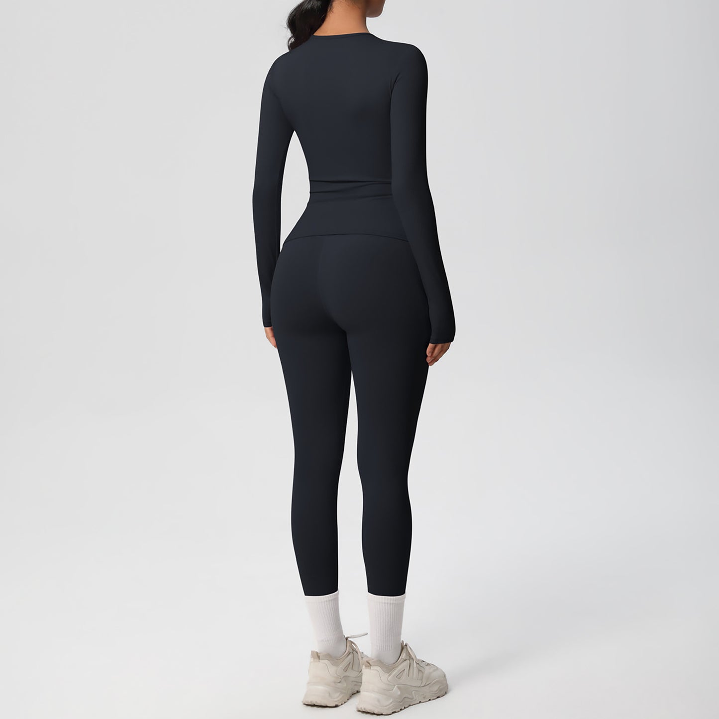 Long Sleeve Crew Neck Top and High Waist Leggings Set with Slim Fit Design