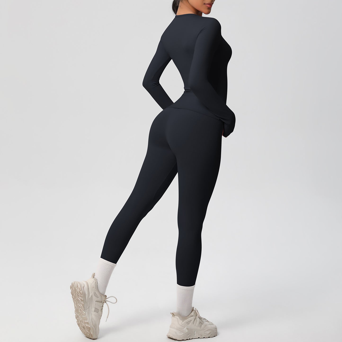 Long Sleeve Crew Neck Top and High Waist Leggings Set with Slim Fit Design