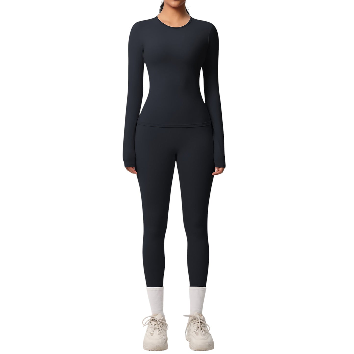 Long Sleeve Crew Neck Top and High Waist Leggings Set with Slim Fit Design