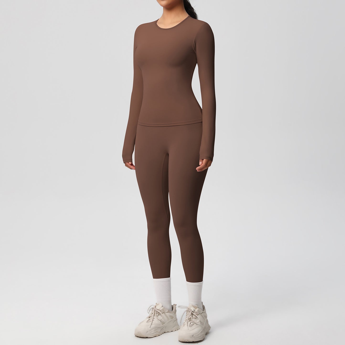 Long Sleeve Crew Neck Top and High Waist Leggings Set with Slim Fit Design