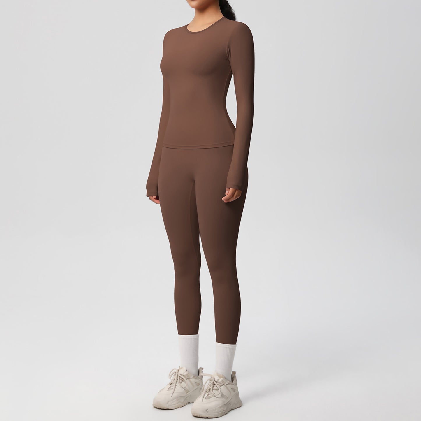 Long Sleeve Crew Neck Top and High Waist Leggings Set with Slim Fit Design