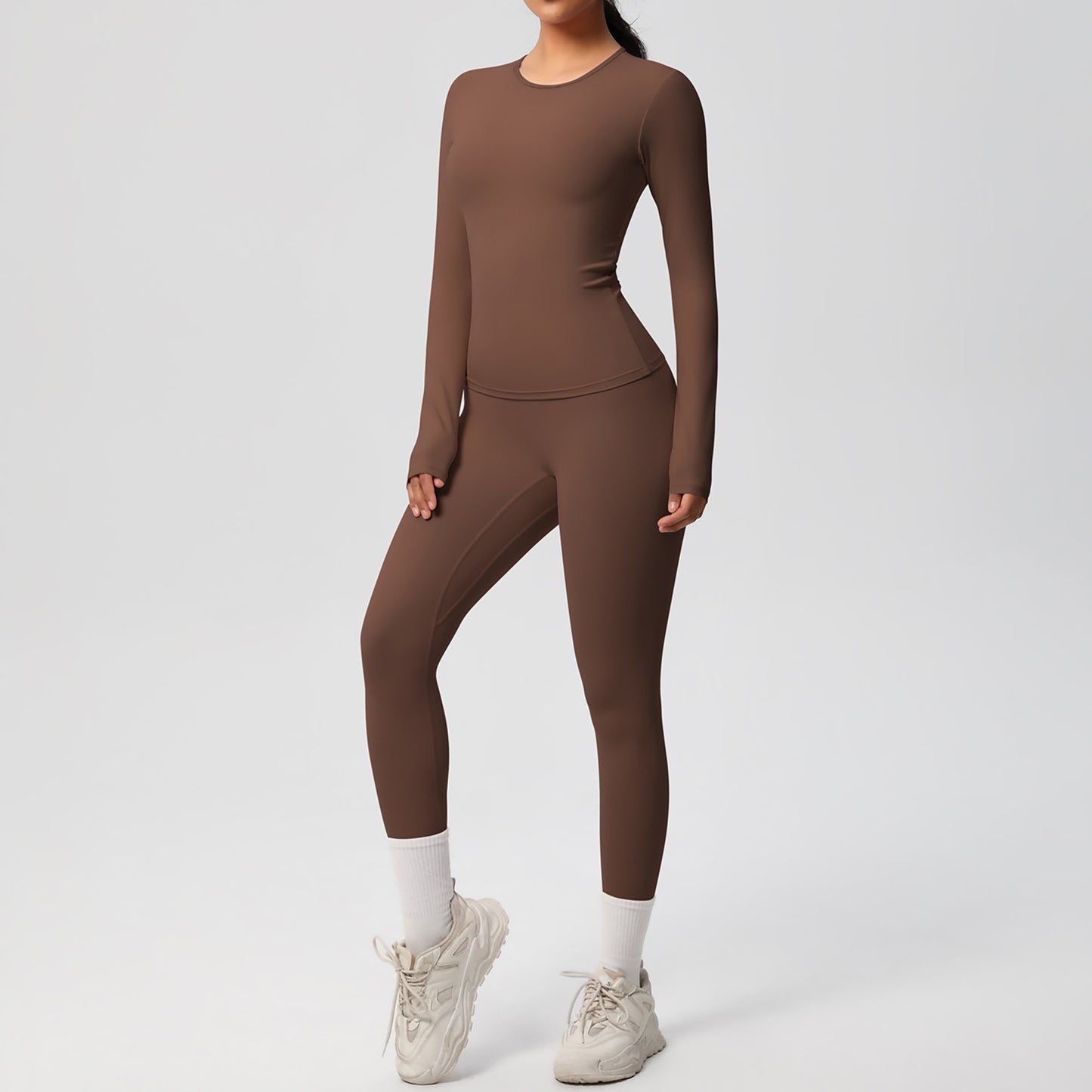 Long Sleeve Crew Neck Top and High Waist Leggings Set with Slim Fit Design
