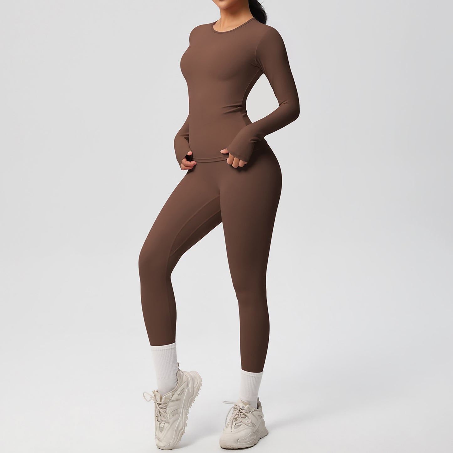 Long Sleeve Crew Neck Top and High Waist Leggings Set with Slim Fit Design