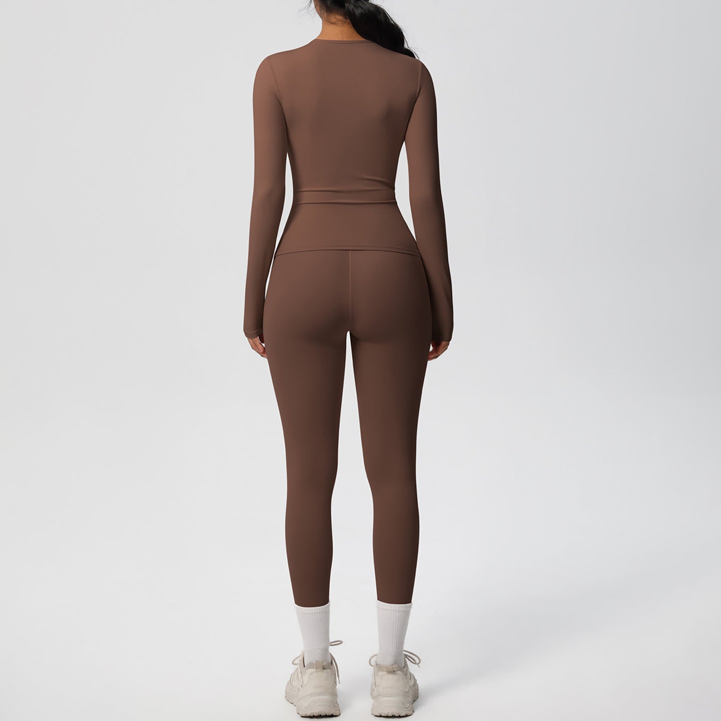 Long Sleeve Crew Neck Top and High Waist Leggings Set with Slim Fit Design