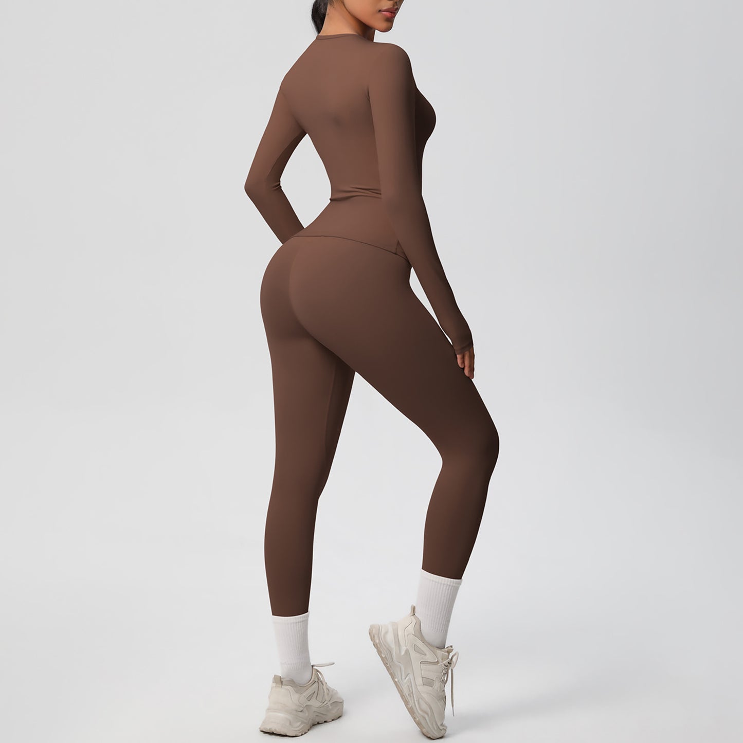 Long Sleeve Crew Neck Top and High Waist Leggings Set with Slim Fit Design