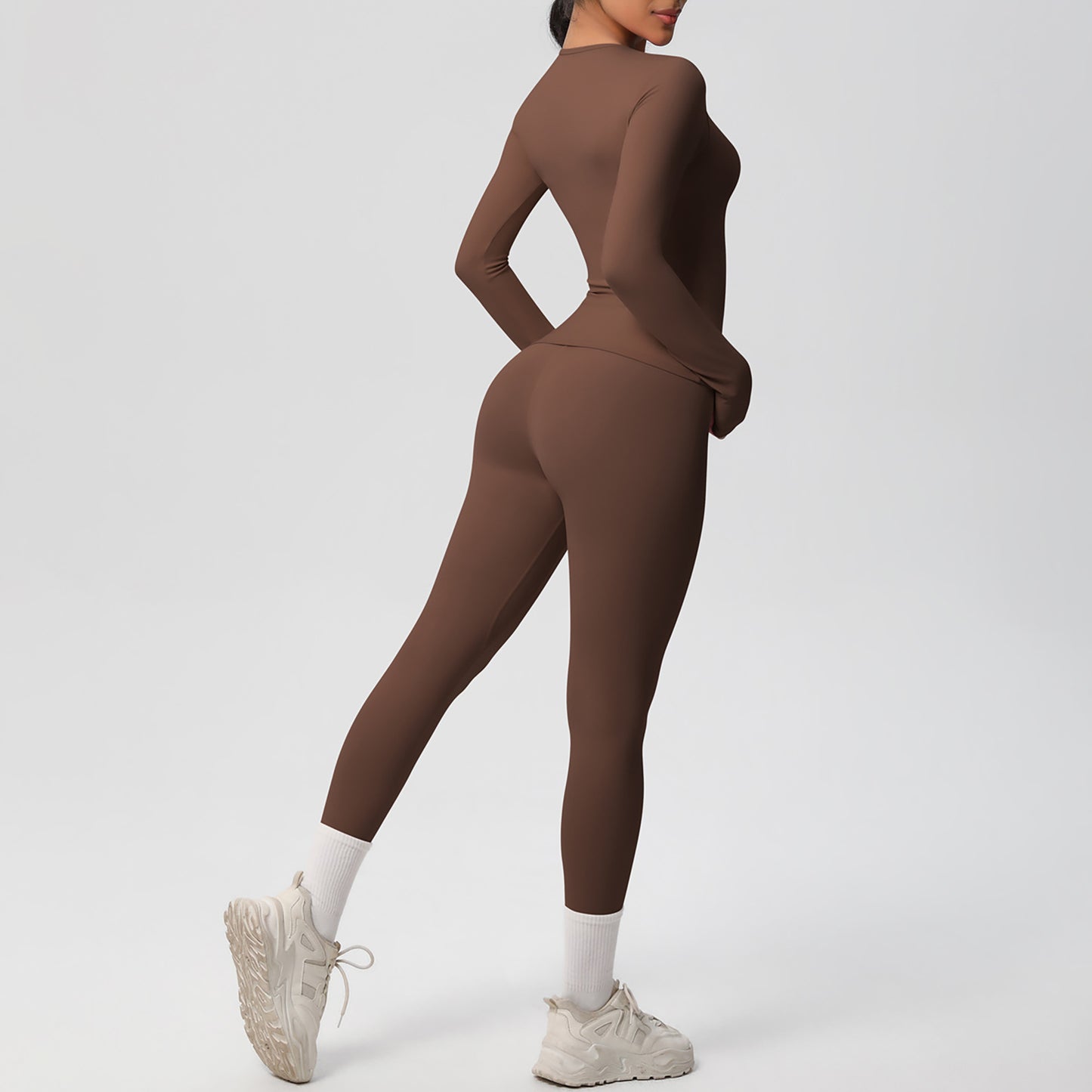 Long Sleeve Crew Neck Top and High Waist Leggings Set with Slim Fit Design