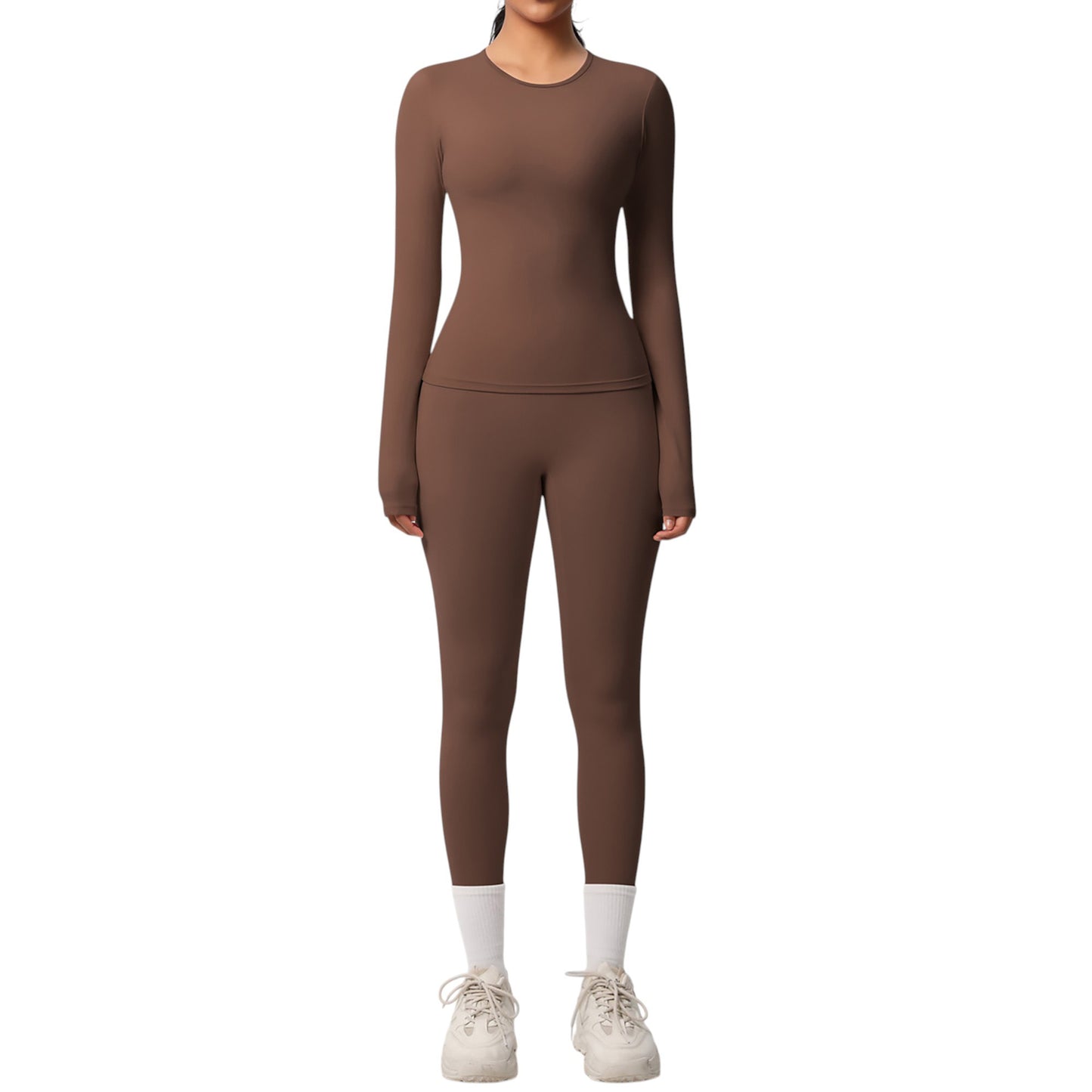 Long Sleeve Crew Neck Top and High Waist Leggings Set with Slim Fit Design