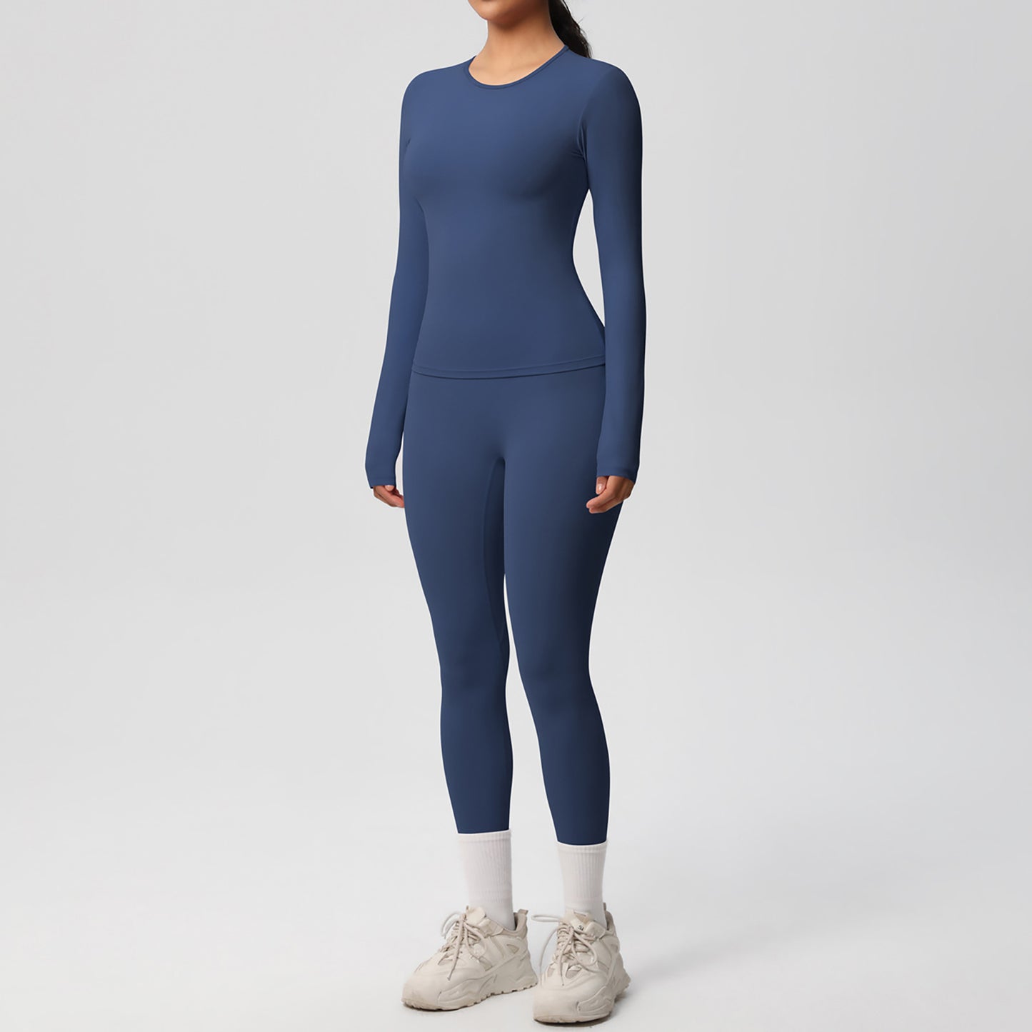 Long Sleeve Crew Neck Top and High Waist Leggings Set with Slim Fit Design