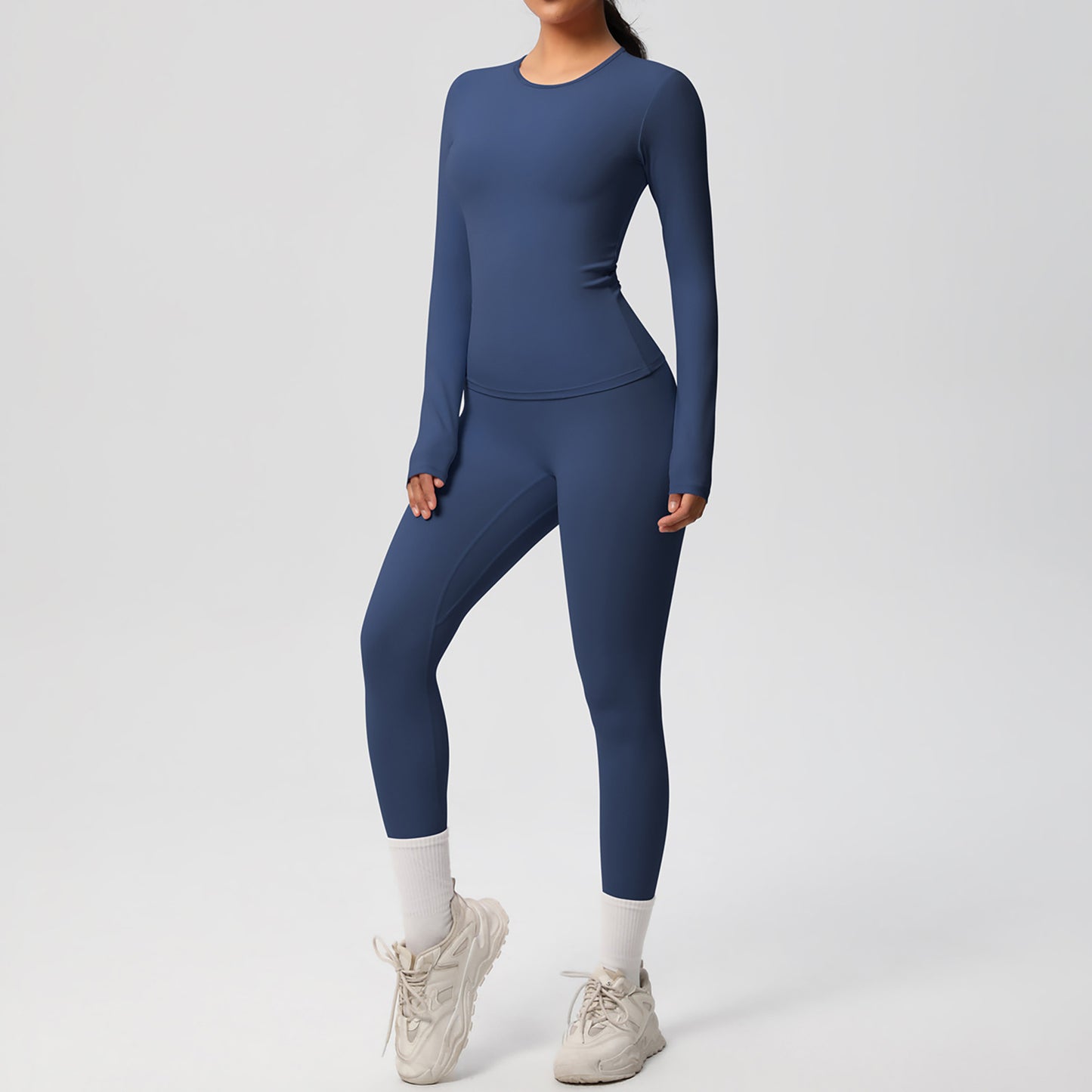 Long Sleeve Crew Neck Top and High Waist Leggings Set with Slim Fit Design